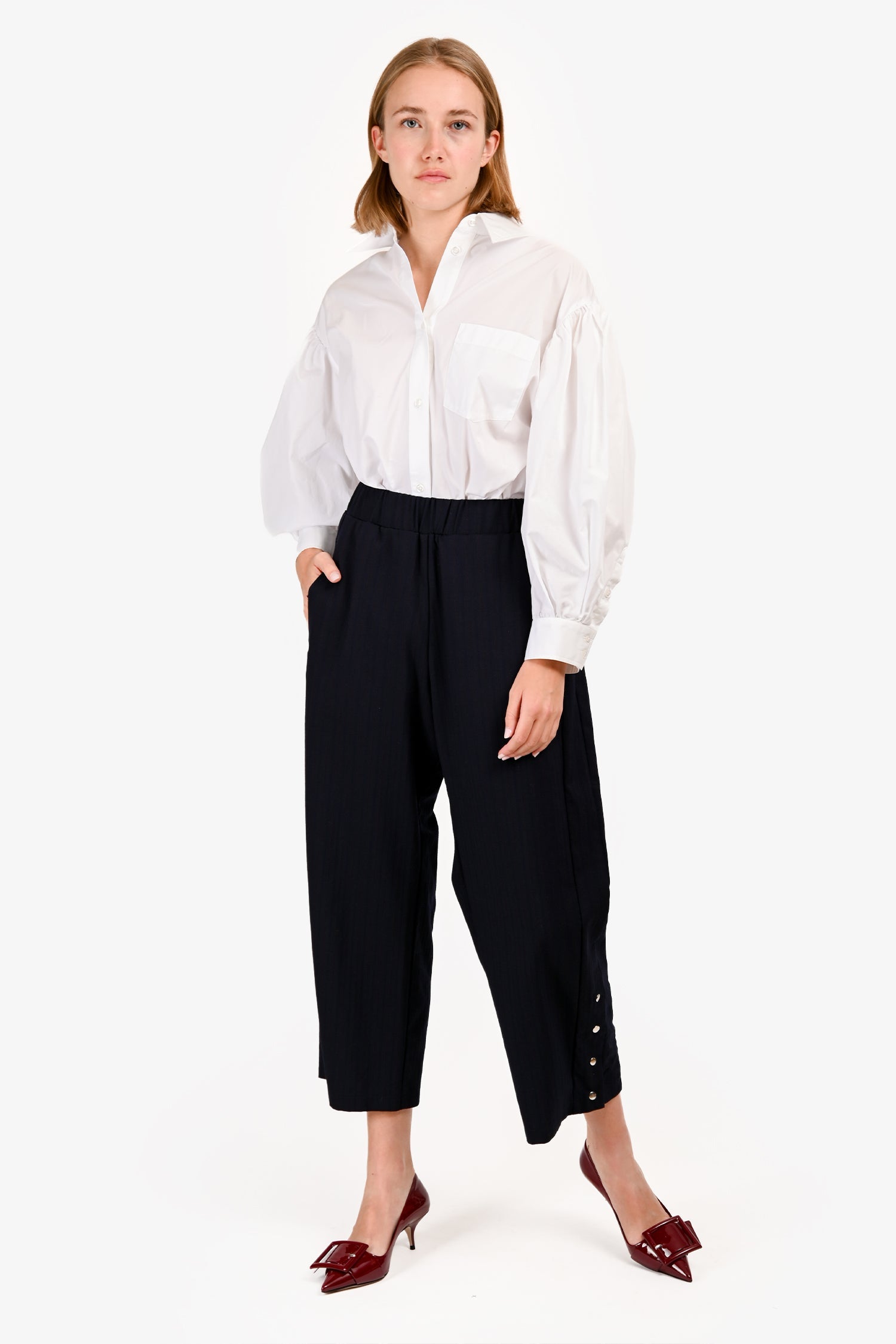 Monpell Navy/Red Pinstripe Wide Leg Trousers Size XS