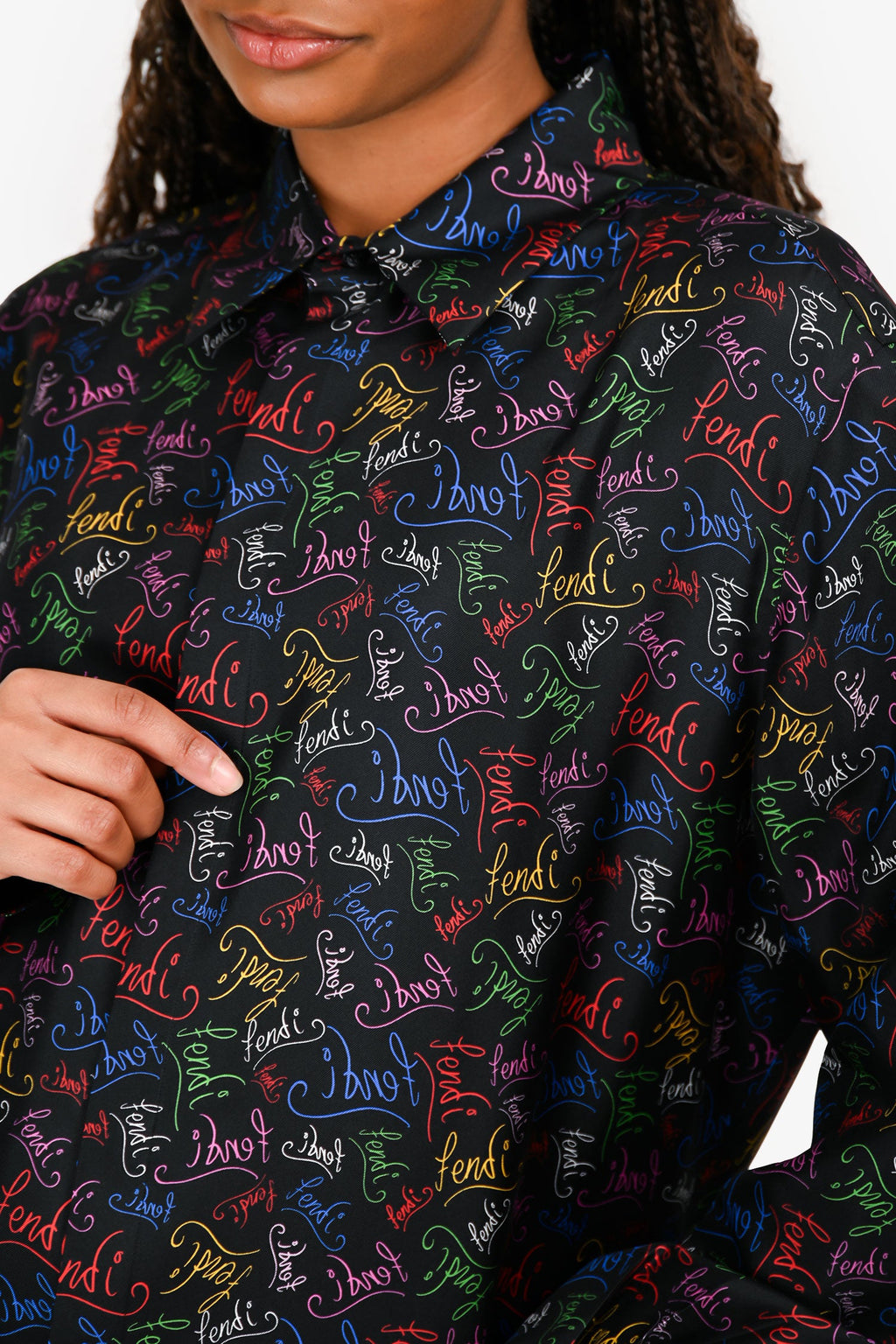 Fendi Black/Multicoloured Logo Silk Button Down Shirt Size 43 Mens
