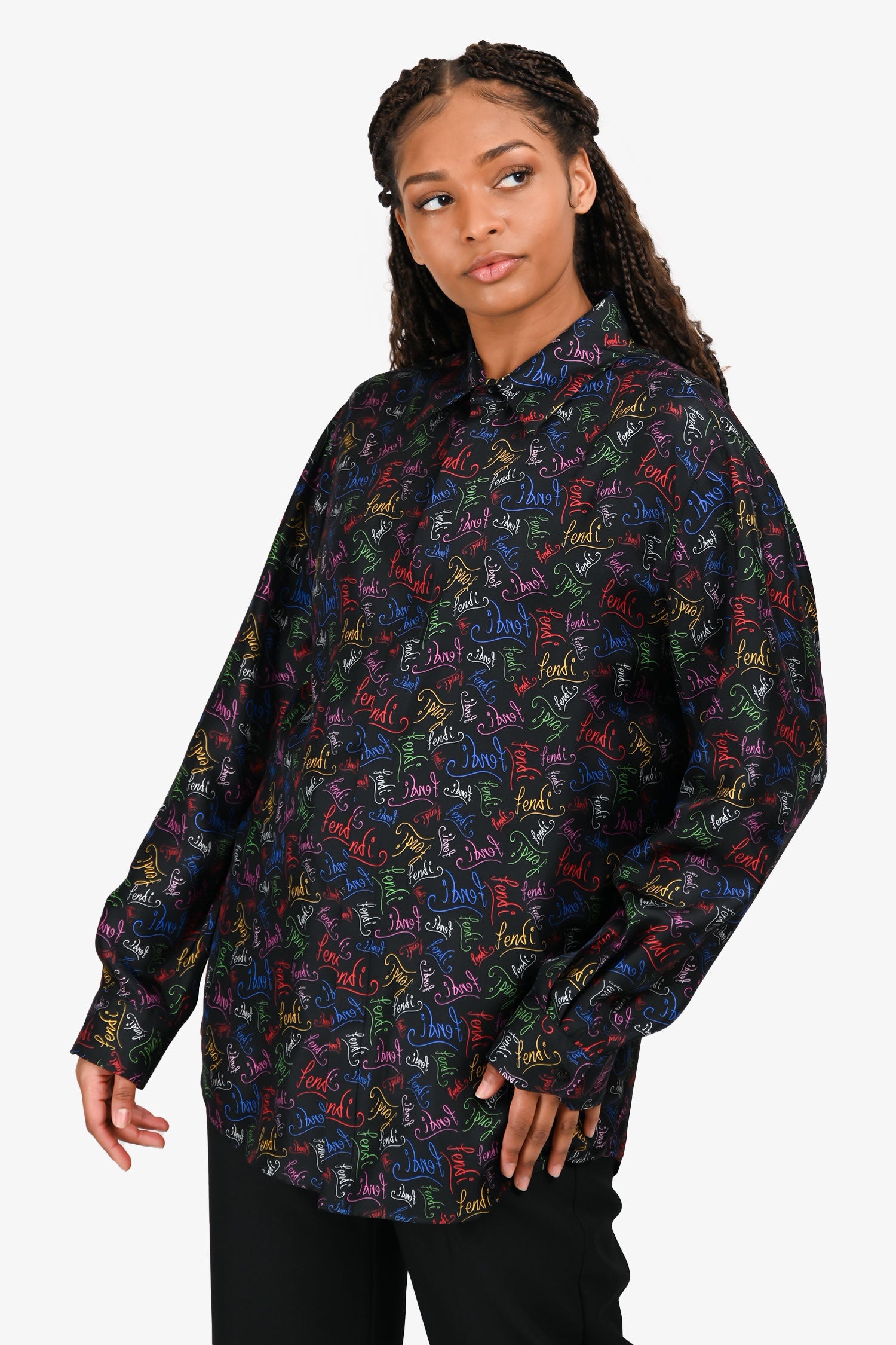 Fendi Black/Multicoloured Logo Silk Button Down Shirt Size 43 Mens