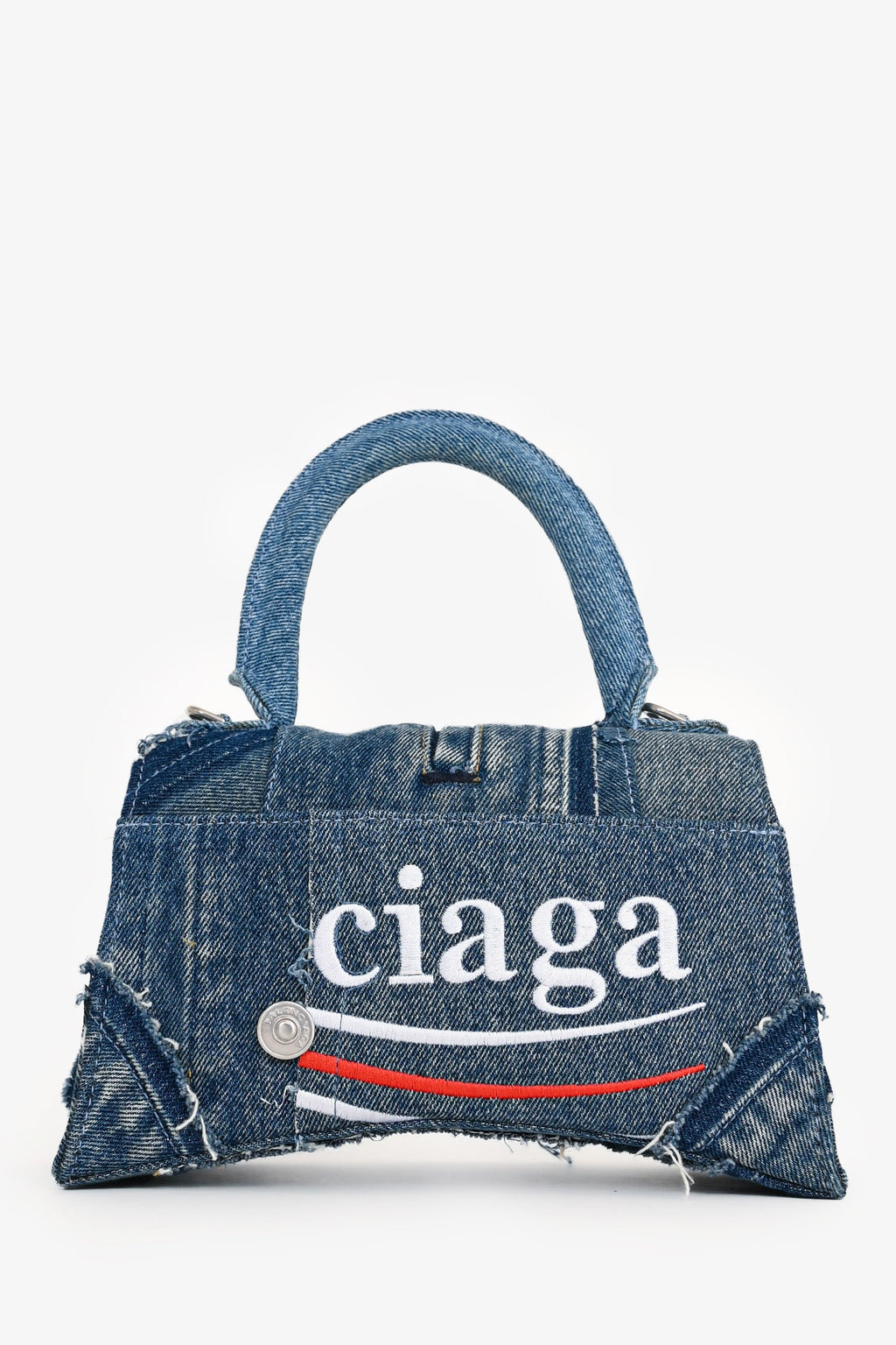 Balenciaga Blue Denim Patched Logo Embroidered Hourglass Bag with Strap