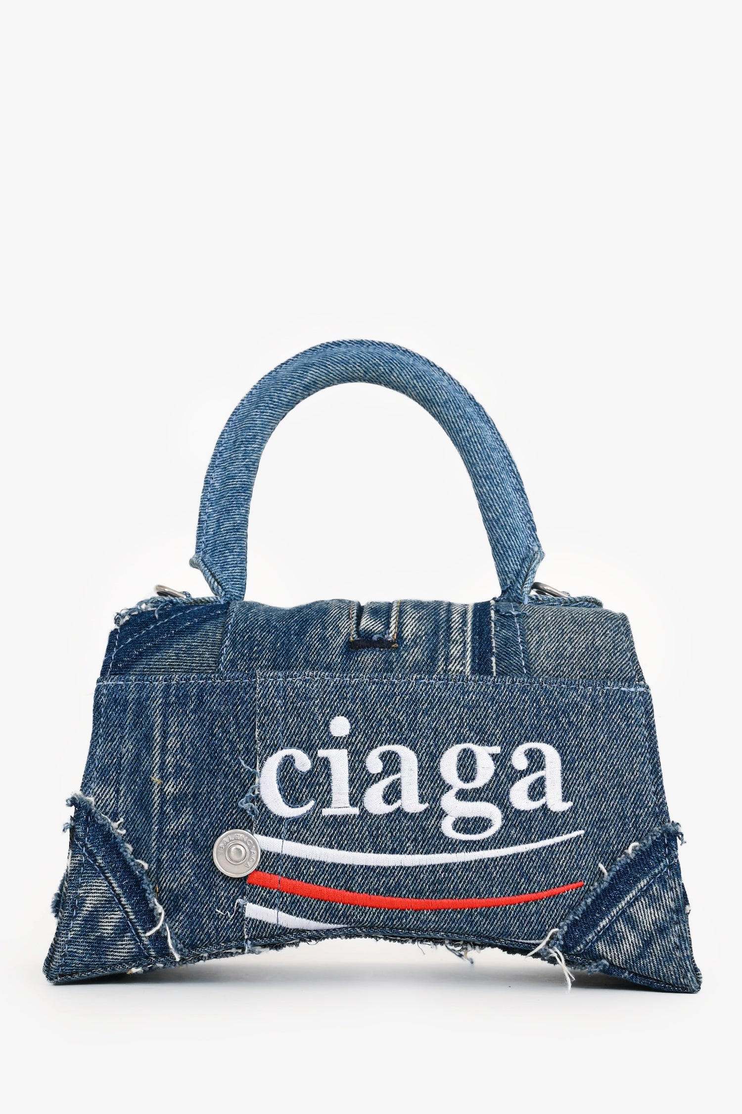 Balenciaga Blue Denim Patched Logo Embroidered Hourglass Bag with Strap