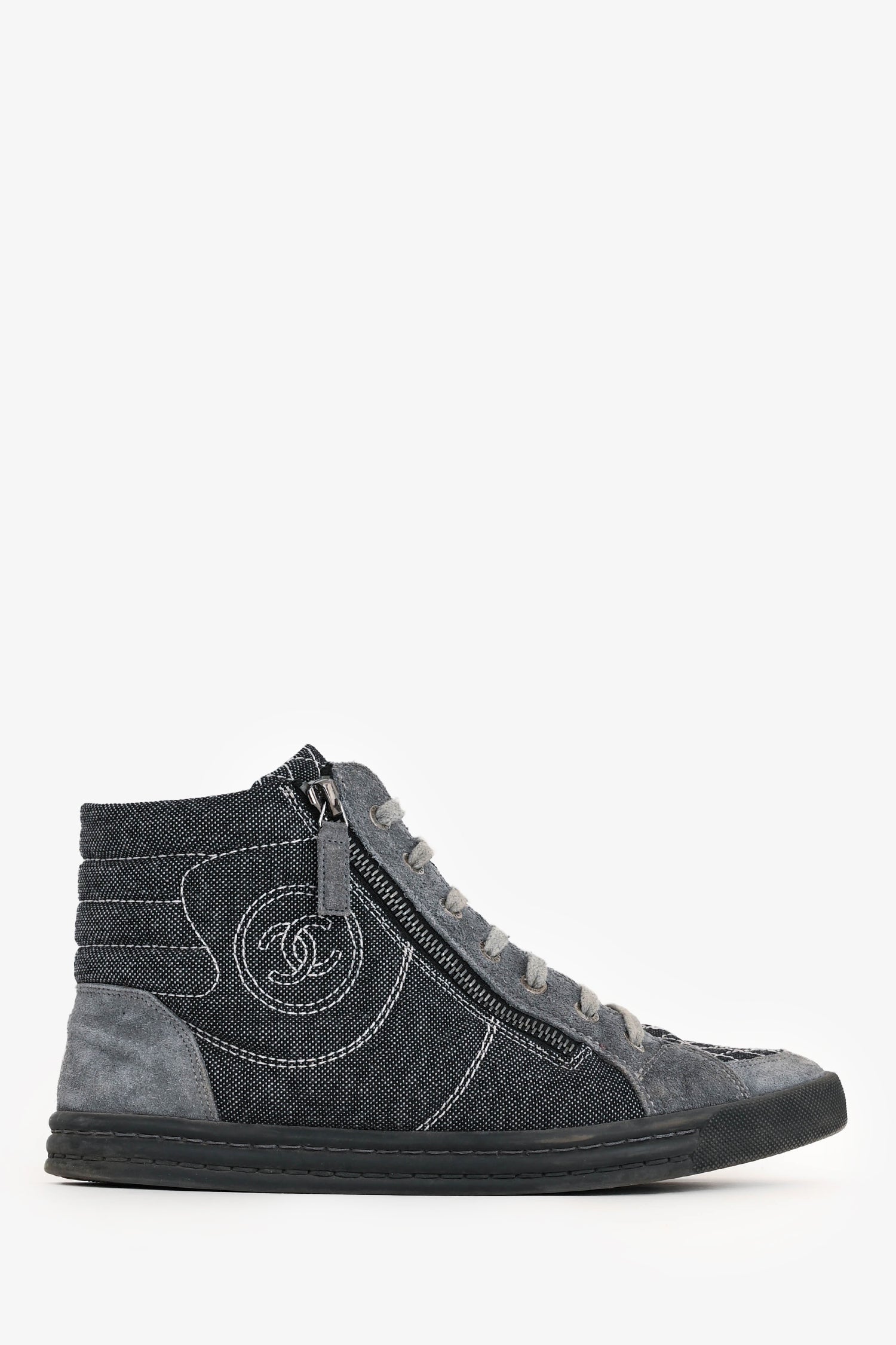 Pre-Loved Chanel™ Grey/White Stitch Detail Mid Top Sneakers Size 39.5