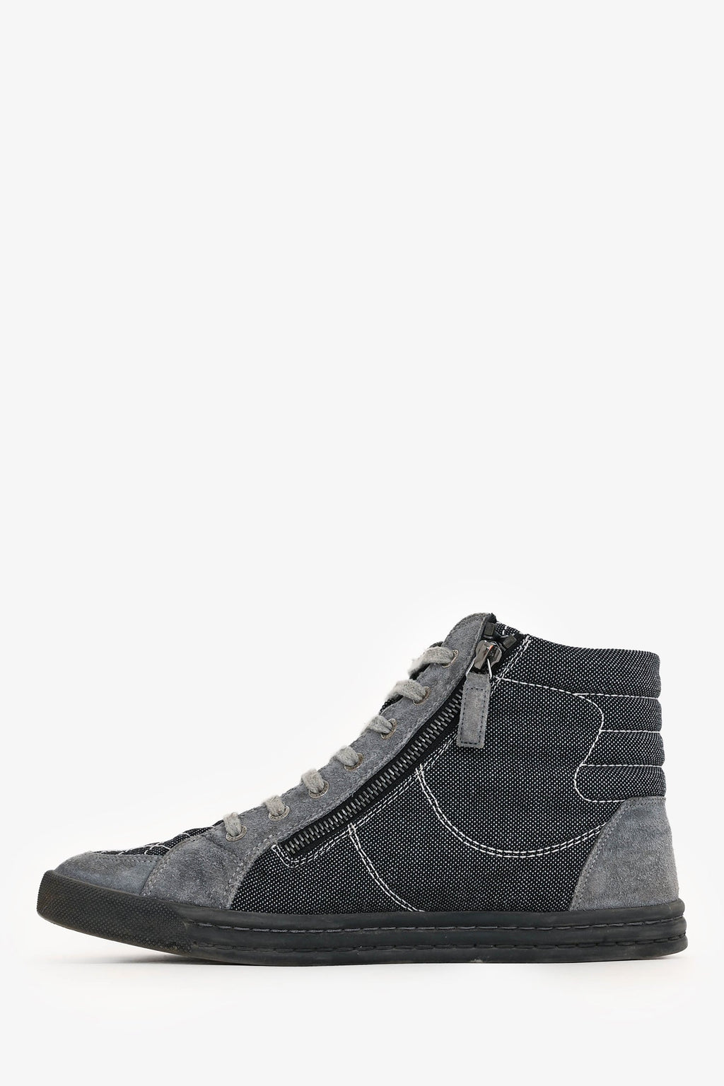 Pre-Loved Chanel™ Grey/White Stitch Detail Mid Top Sneakers Size 39.5