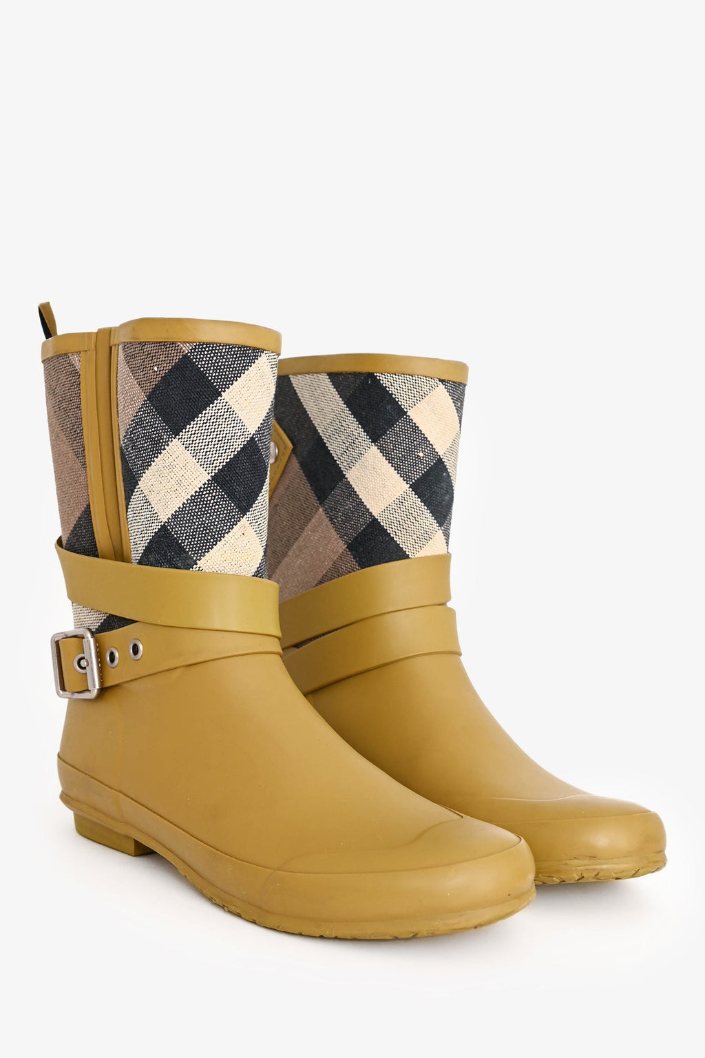 Burberry Mustard Yellow/Beige Tartan Pattern Rain Boots Size 39