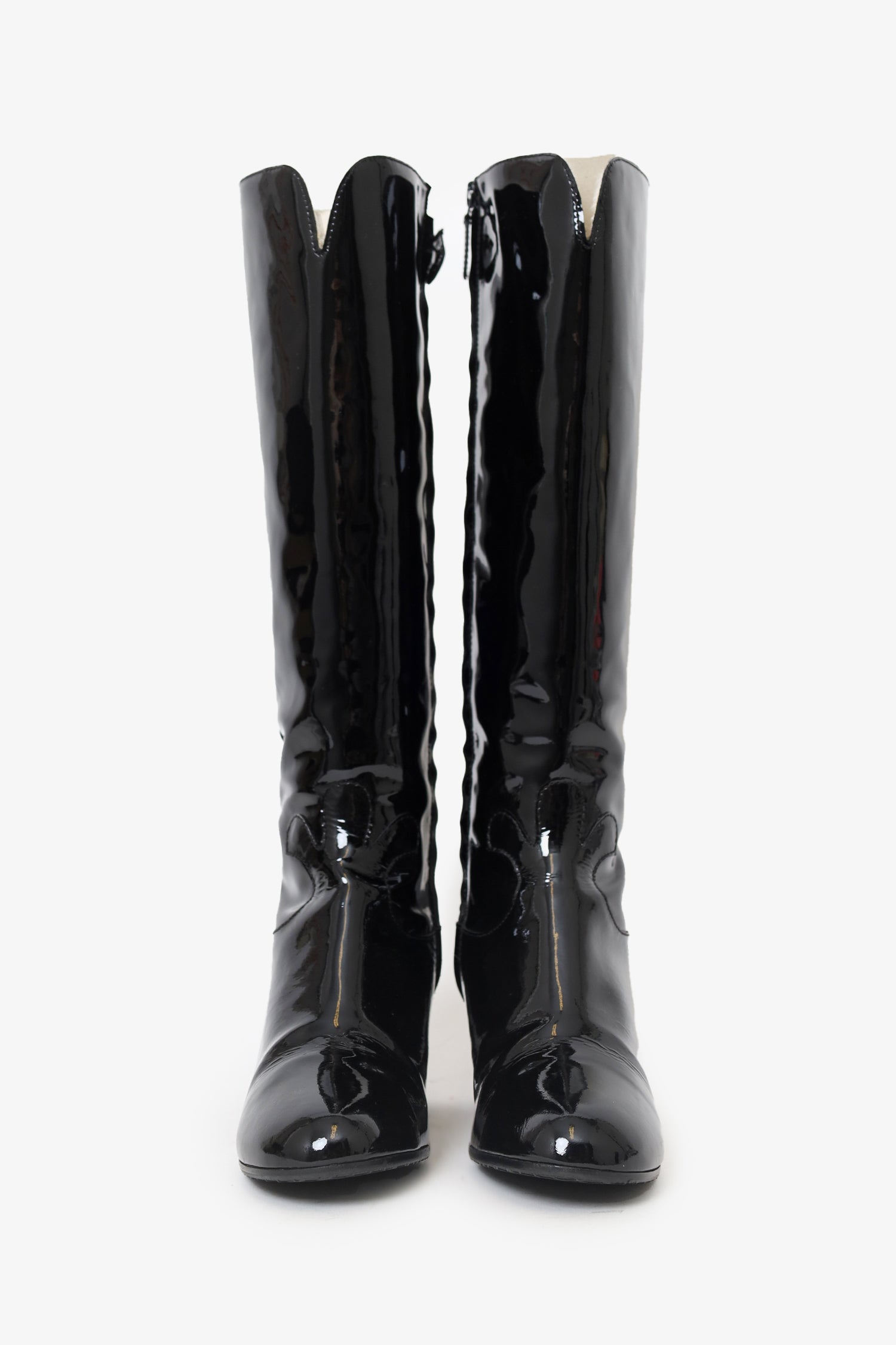 Pre-Loved Chanel™ Black Patent Leather Fur Lining Knee High Boots Size 37.5