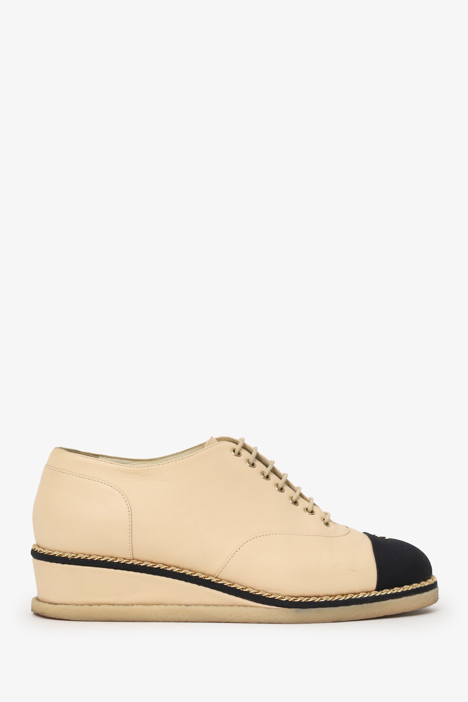 Pre-Loved Chanel™ Beige/Black Leather Chain Embellished Cap Toe Oxfords Size 37