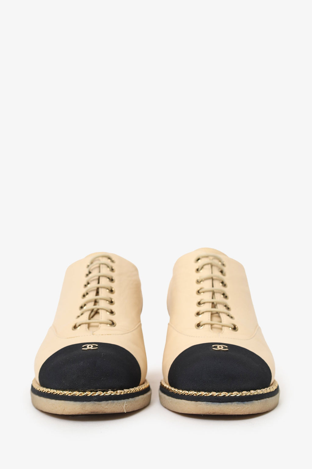Pre-Loved Chanel™ Beige/Black Leather Chain Embellished Cap Toe Oxfords Size 37
