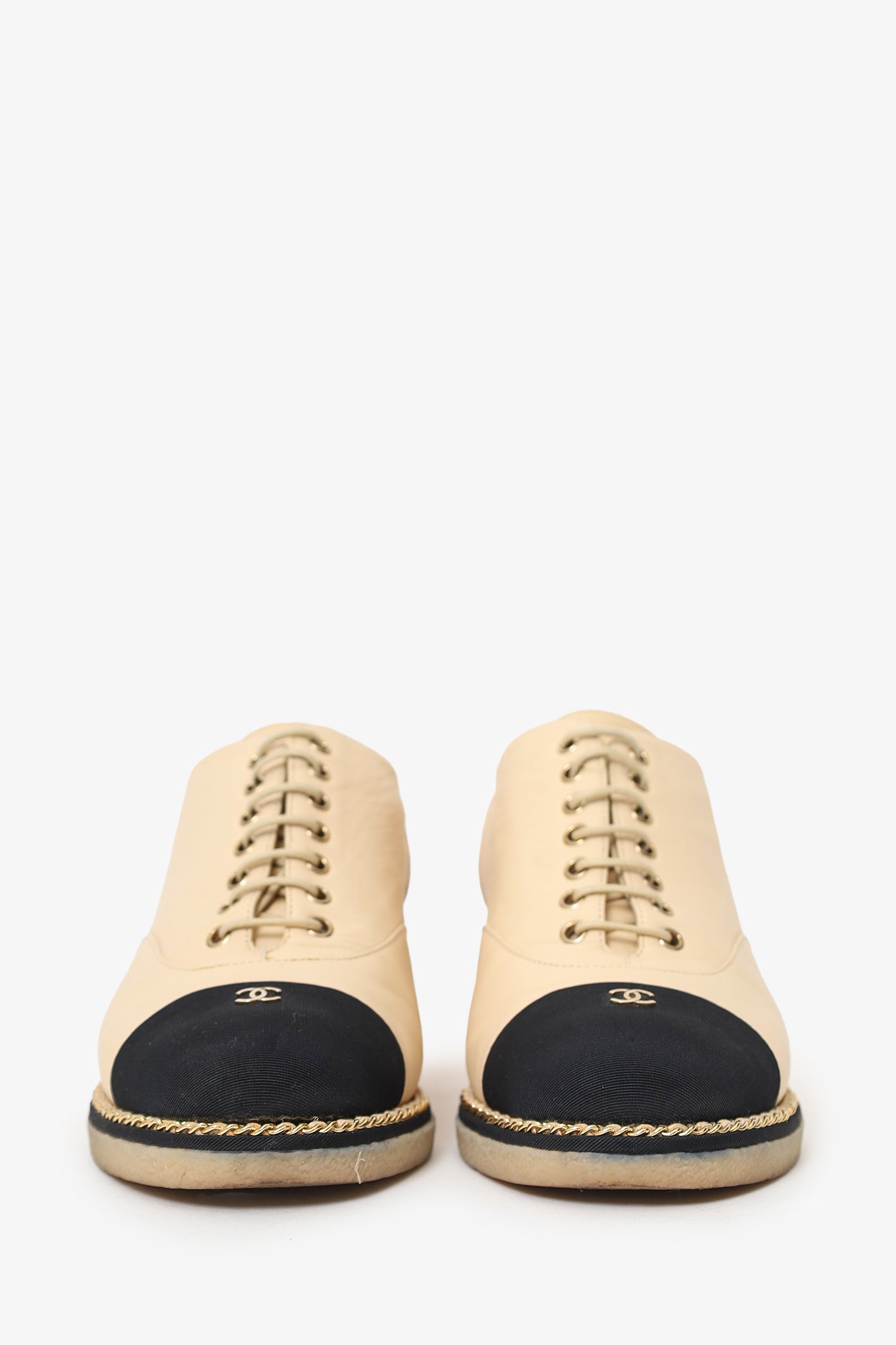 Pre-Loved Chanel™ Beige/Black Leather Chain Embellished Cap Toe Oxfords Size 37