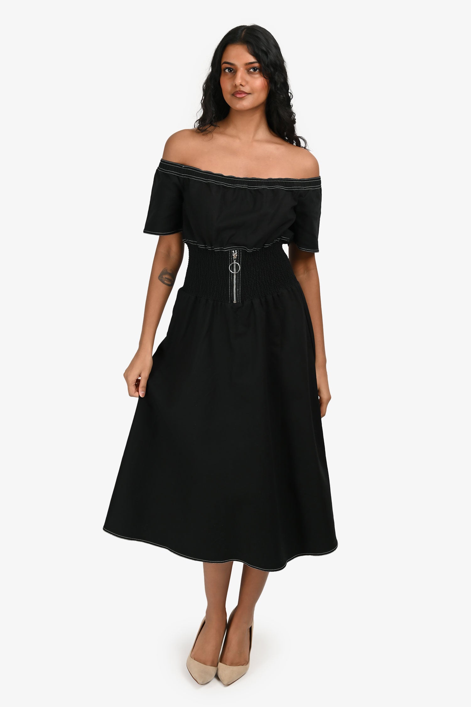 Maje Black/White Top Stitched Midi Dress Size 3