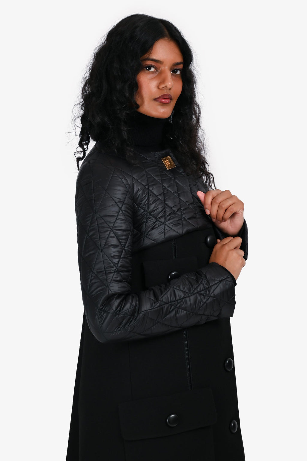 Louis Vuitton Black Quilted Nylon/Fabric Gold Metal Twist Coat Size 36