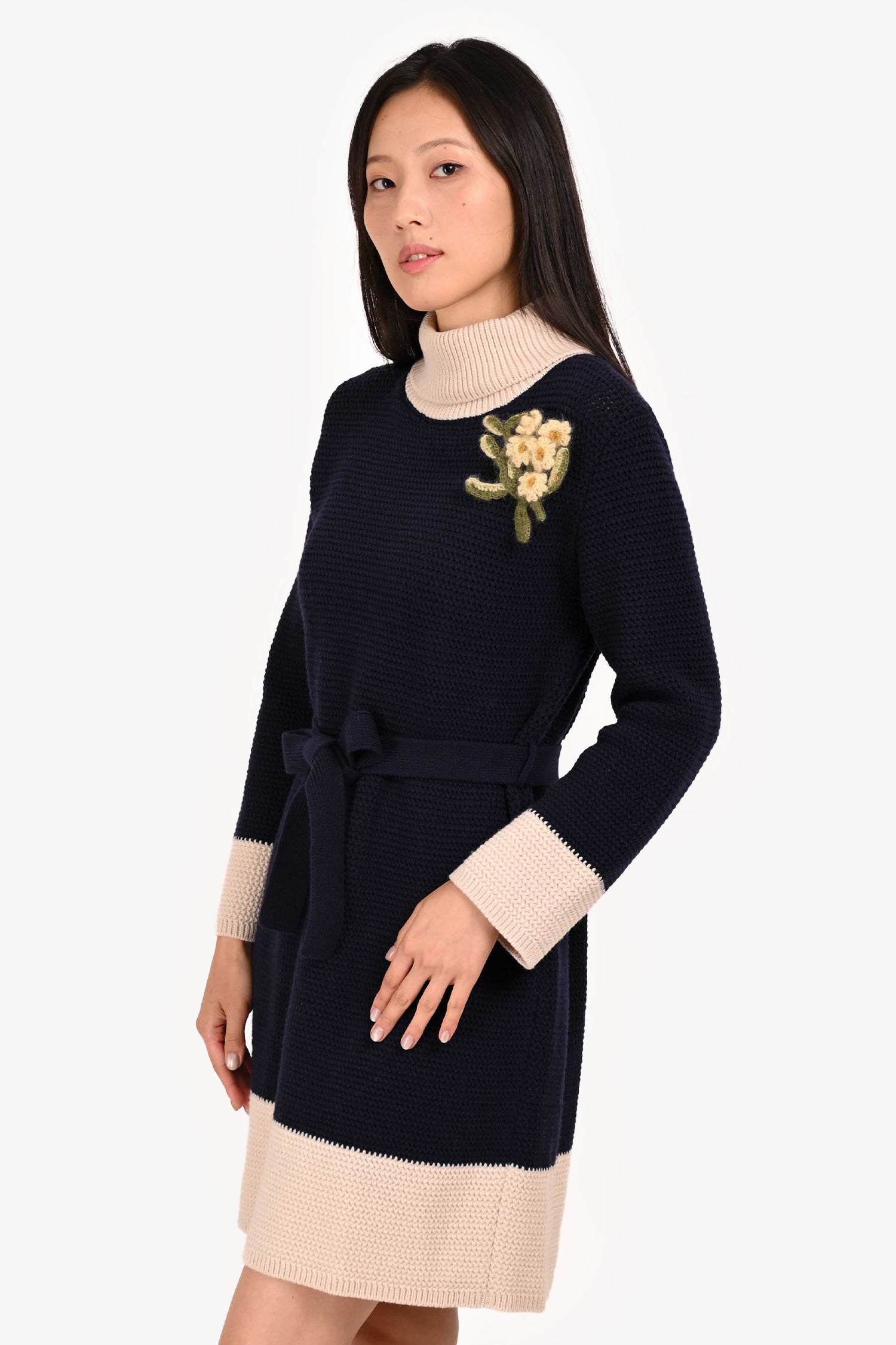 Gucci Navy/Cream Wool Turtleneck Dress with Flower Brooch Size L