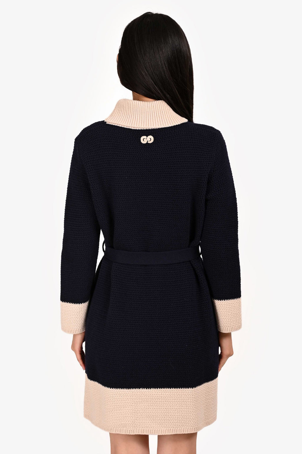 Gucci Navy/Cream Wool Turtleneck Dress with Flower Brooch Size L