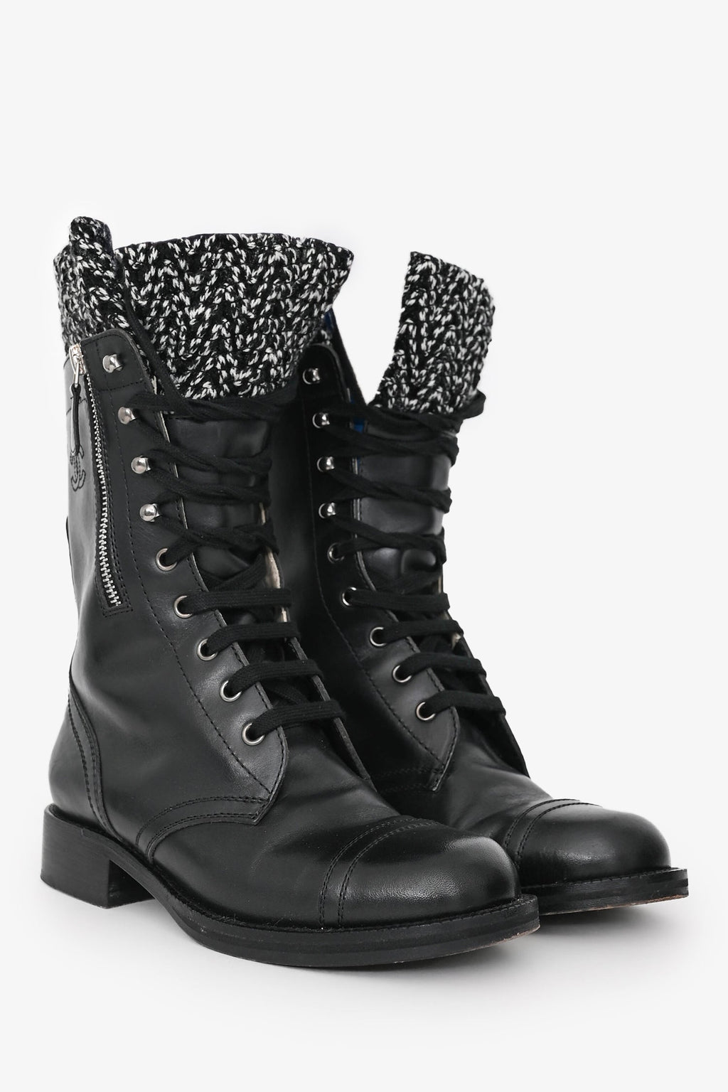 Pre-Loved Chanel™ 2011 Black Leather CC Knit Cuff Combat Boots Size 37