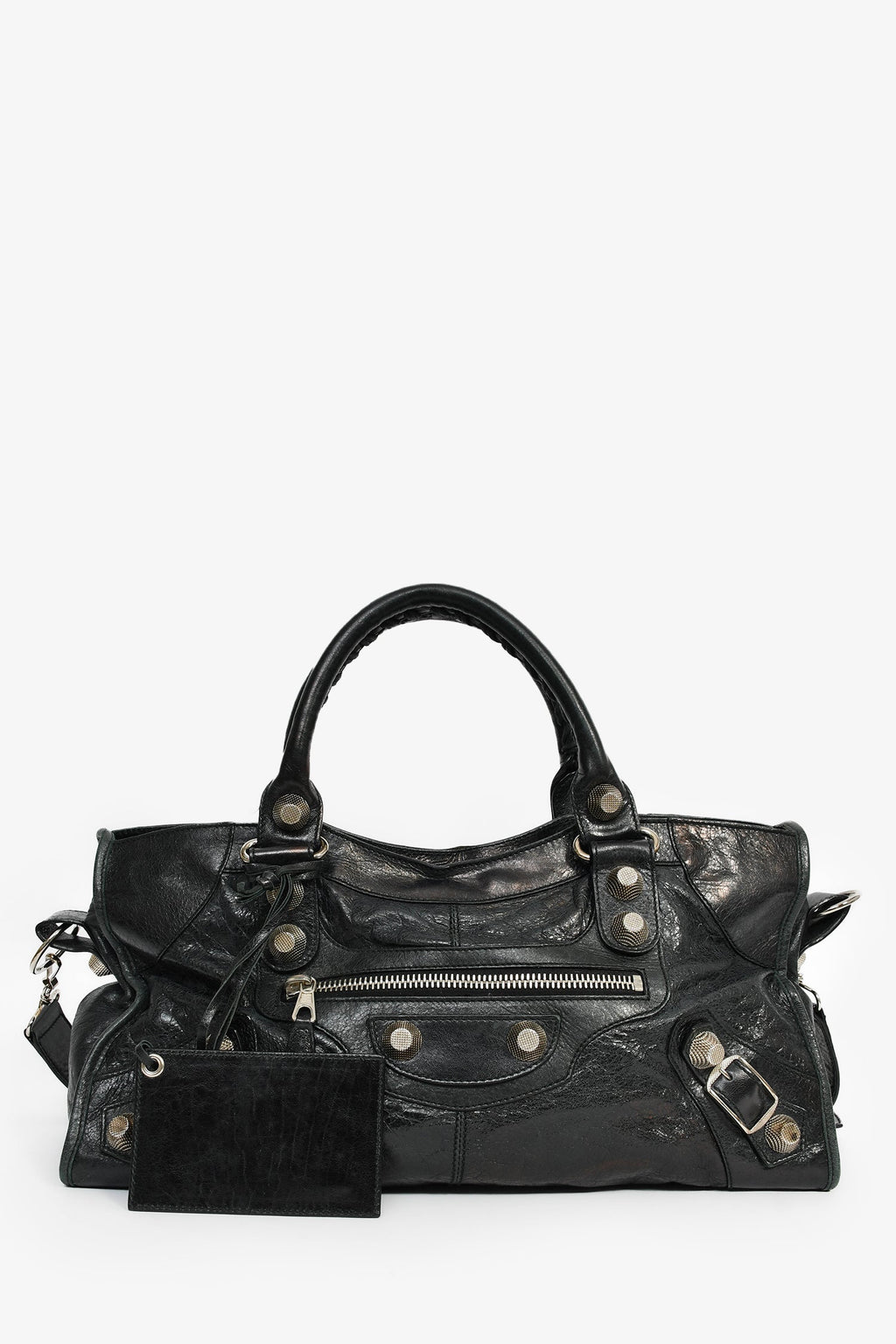 Balenciaga Black Leather Giant Grommet Motocross City Bag with Strap
