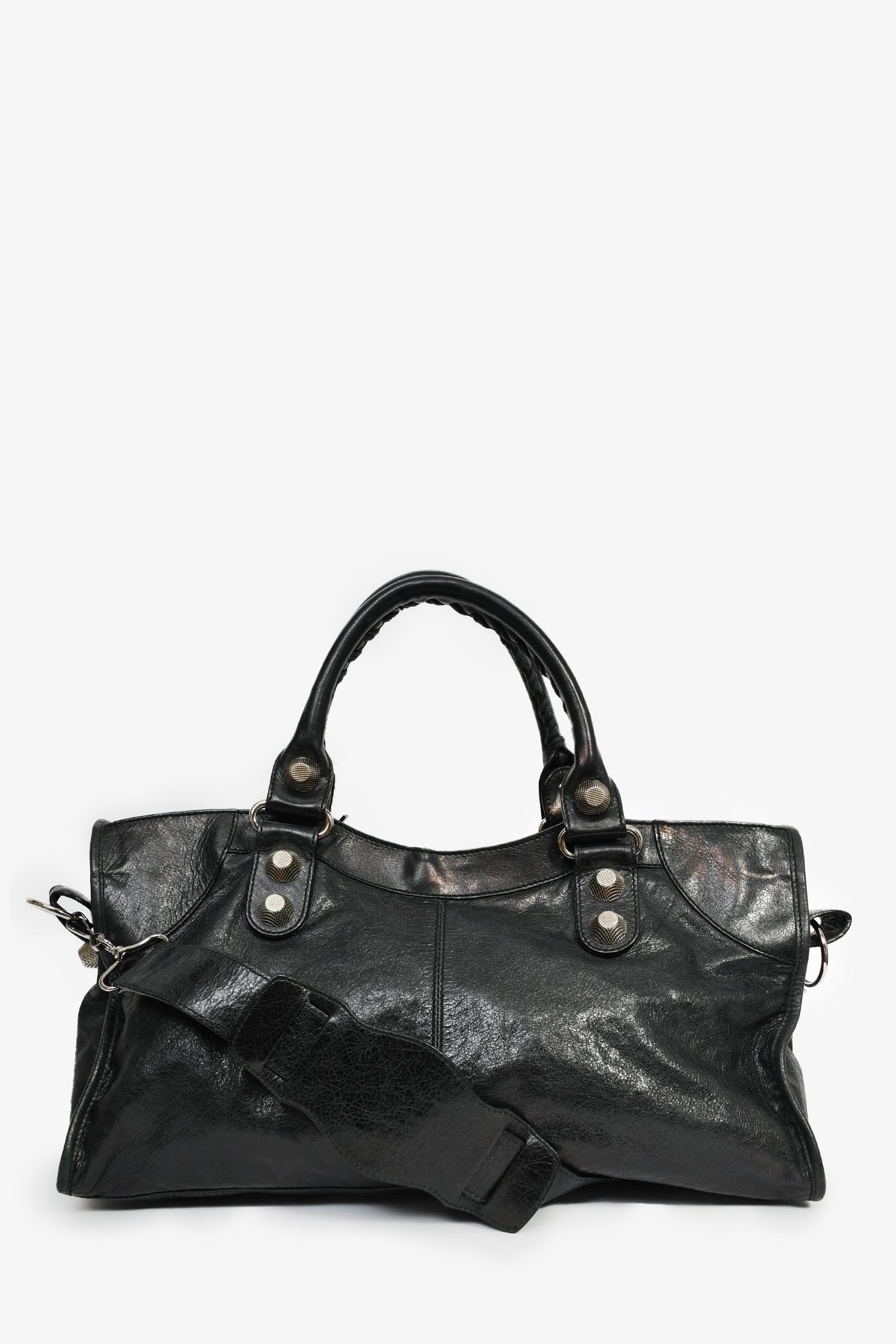 Balenciaga Black Leather Giant Grommet Motocross City Bag with Strap