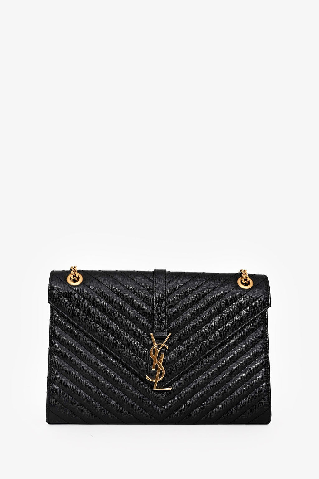 Saint Laurent Black Quilted Grain De Poudre Leather Large Envelope Chain Bag