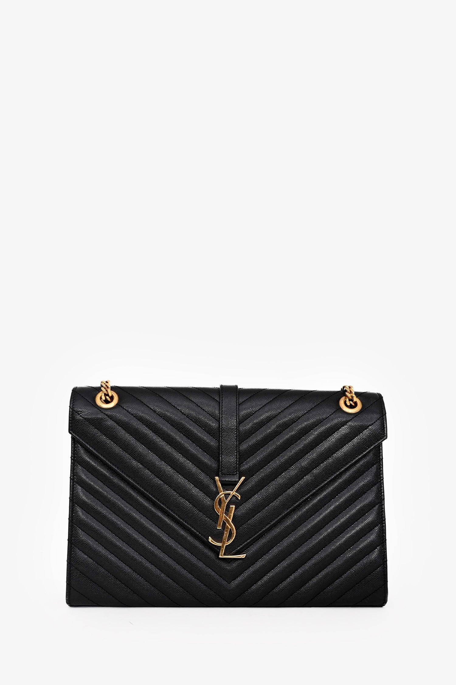 Saint Laurent Black Quilted Grain De Poudre Leather Large Envelope Chain Bag