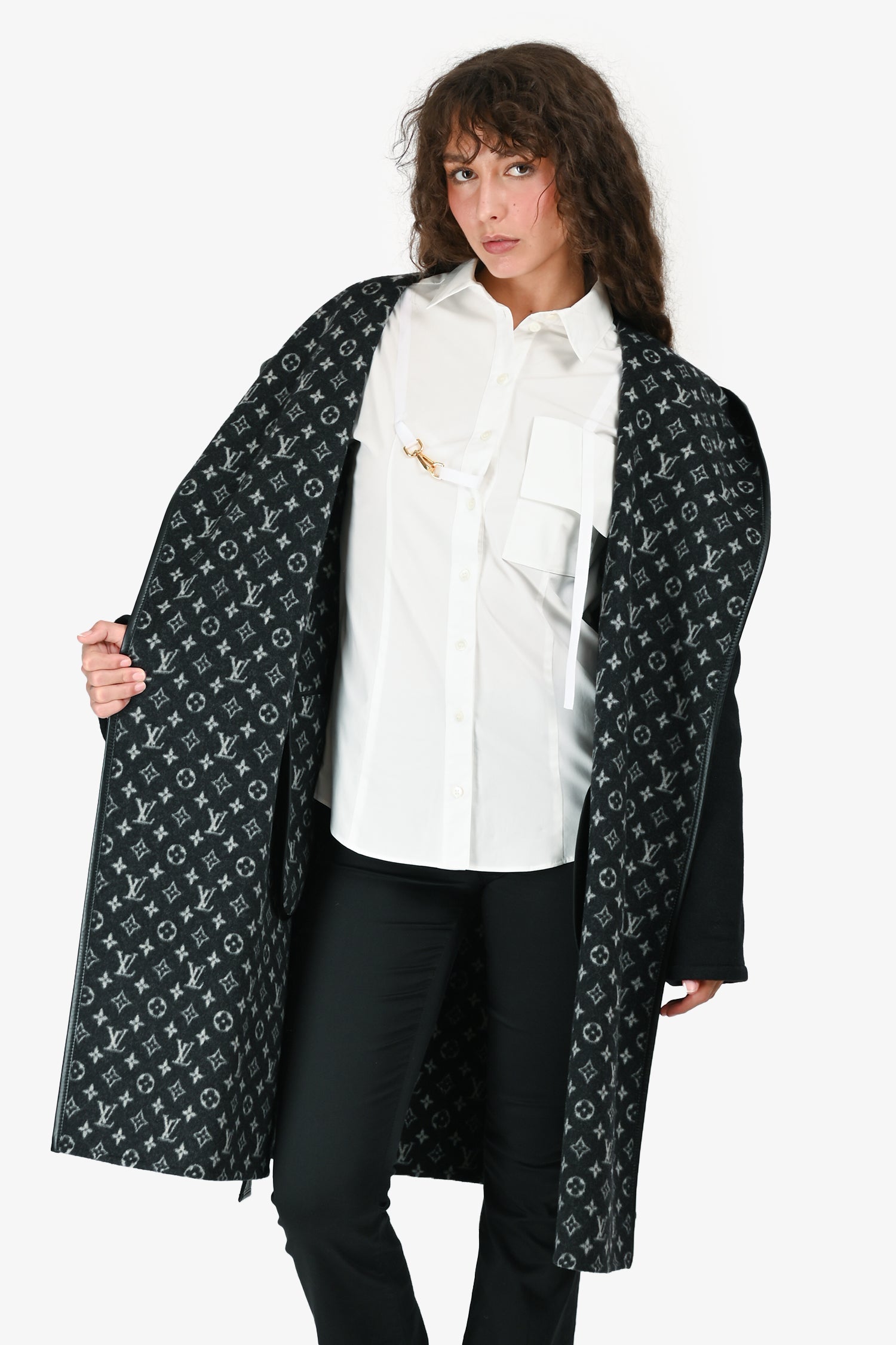 Louis Vuitton Black Wool Mongram Belted Long Coat Size 32
