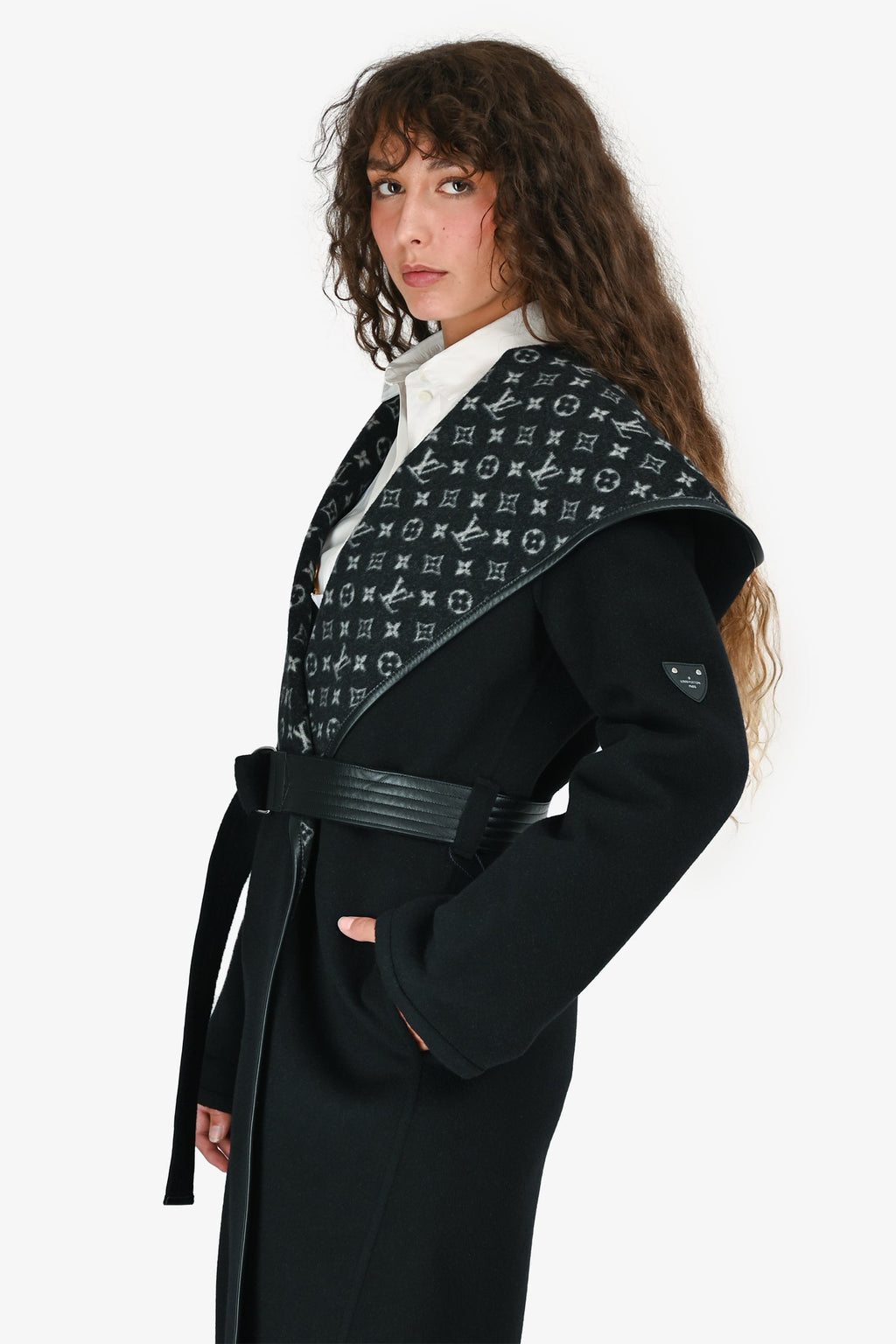 Louis Vuitton Black Wool Mongram Belted Long Coat Size 32