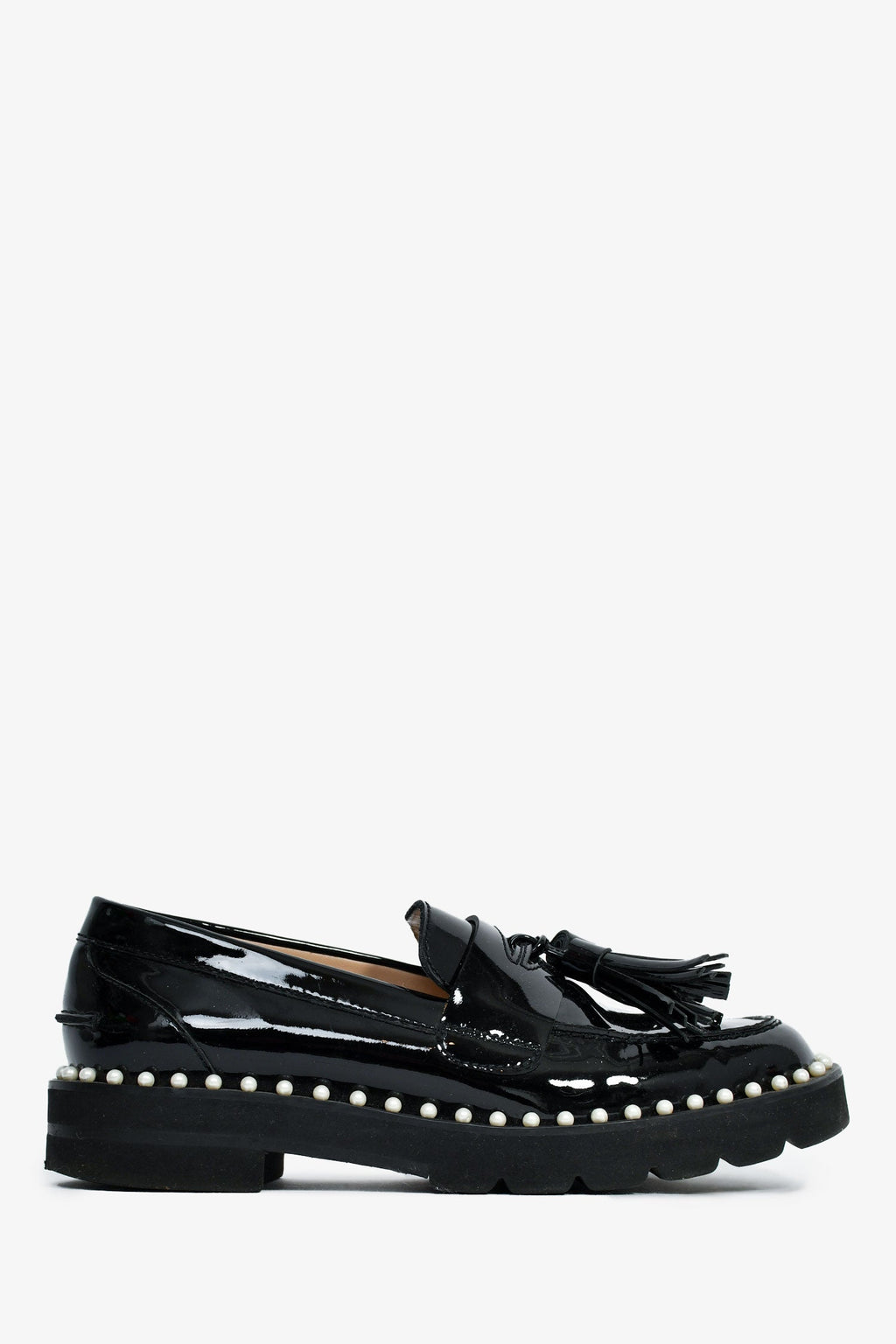 Stuart Weitzman Black Patent Leather Pearl Embellished Tassel Loafers Size 35