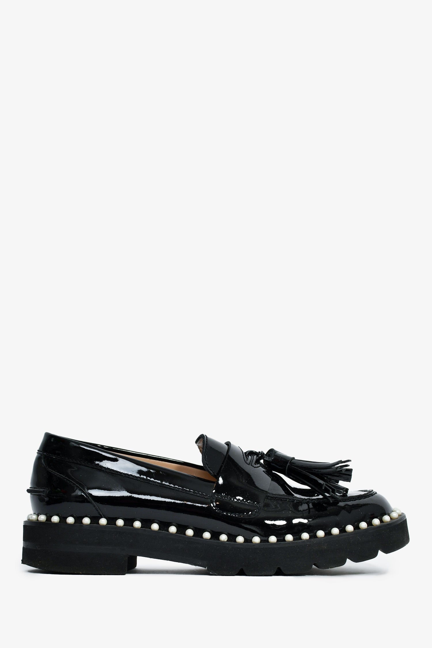 Stuart Weitzman Black Patent Leather Pearl Embellished Tassel Loafers Size 35