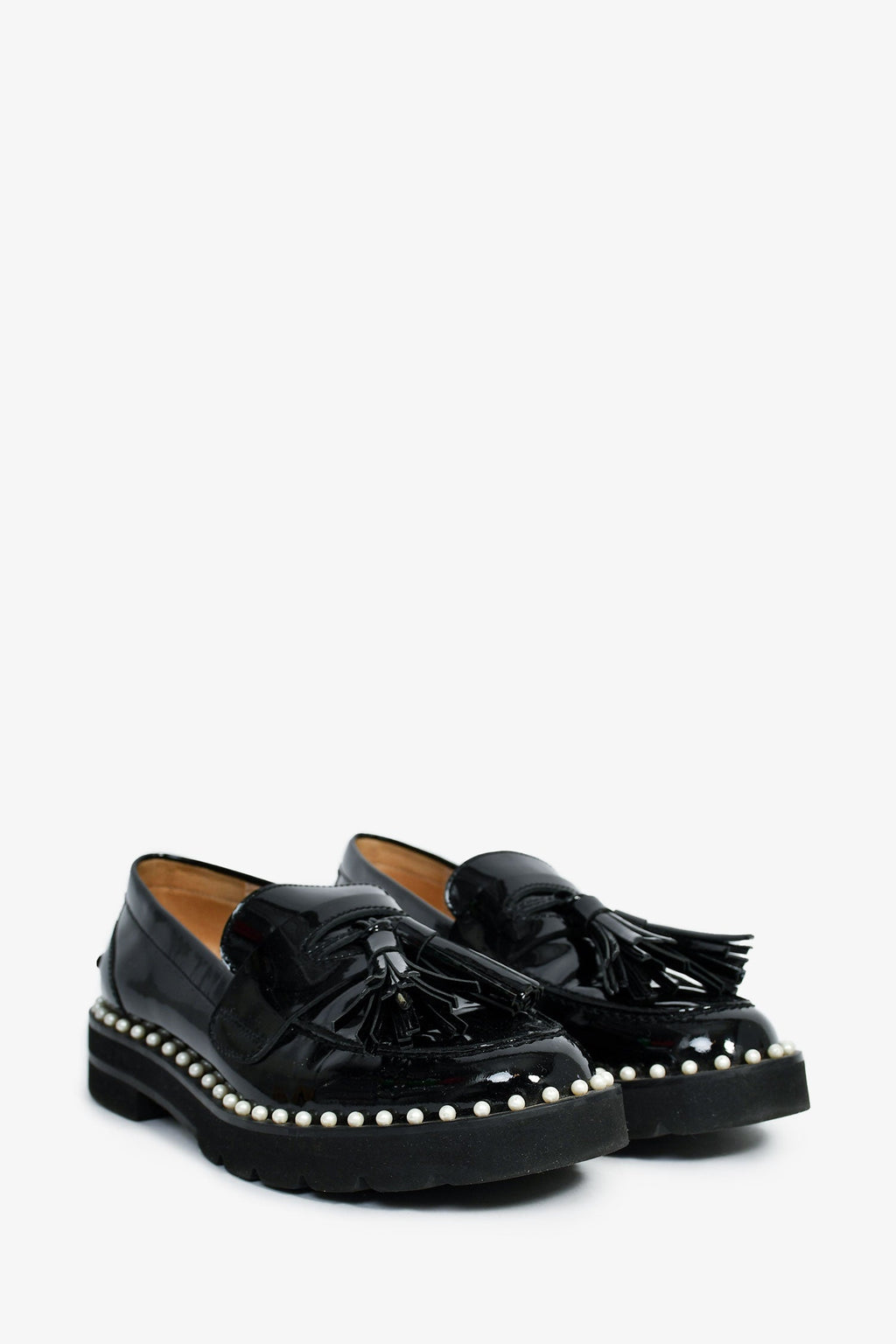 Stuart Weitzman Black Patent Leather Pearl Embellished Tassel Loafers Size 35