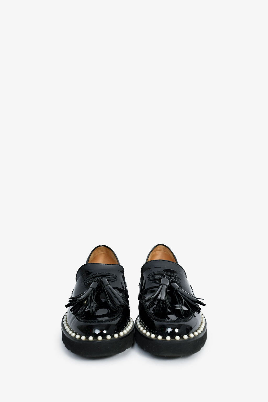 Stuart Weitzman Black Patent Leather Pearl Embellished Tassel Loafers Size 35