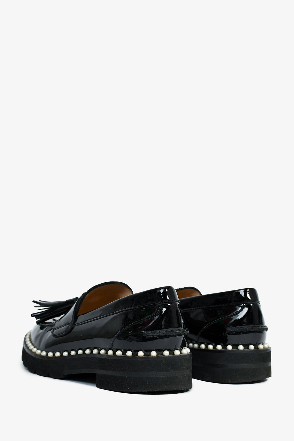 Stuart Weitzman Black Patent Leather Pearl Embellished Tassel Loafers Size 35