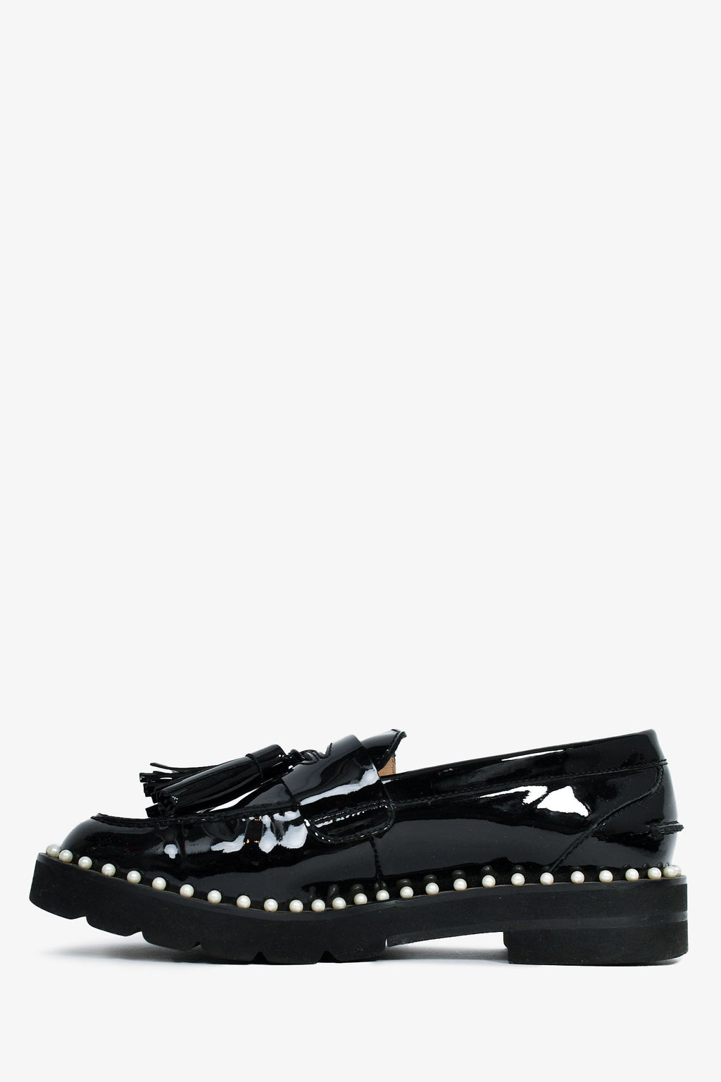 Stuart Weitzman Black Patent Leather Pearl Embellished Tassel Loafers Size 35