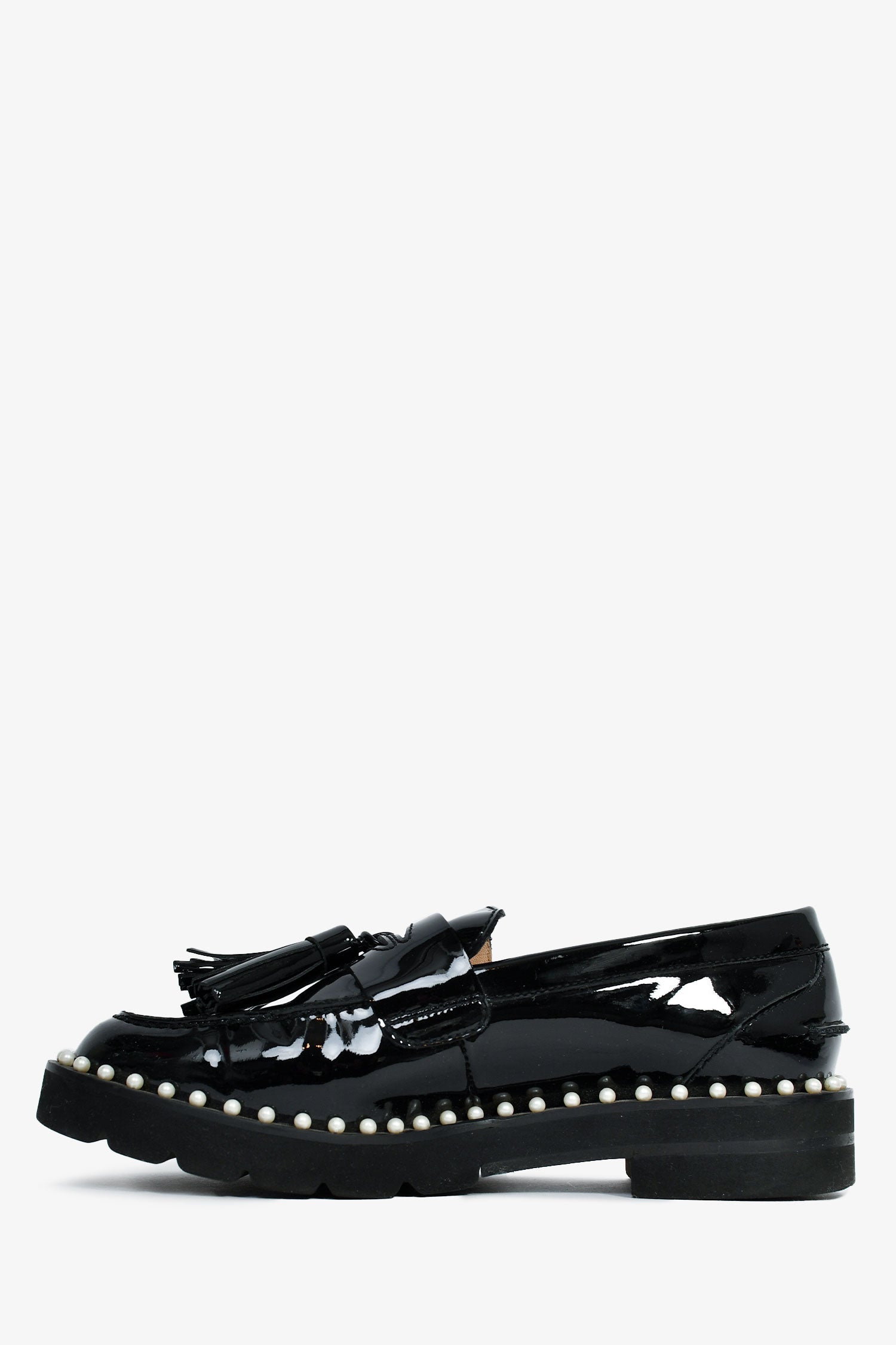 Stuart Weitzman Black Patent Leather Pearl Embellished Tassel Loafers Size 35