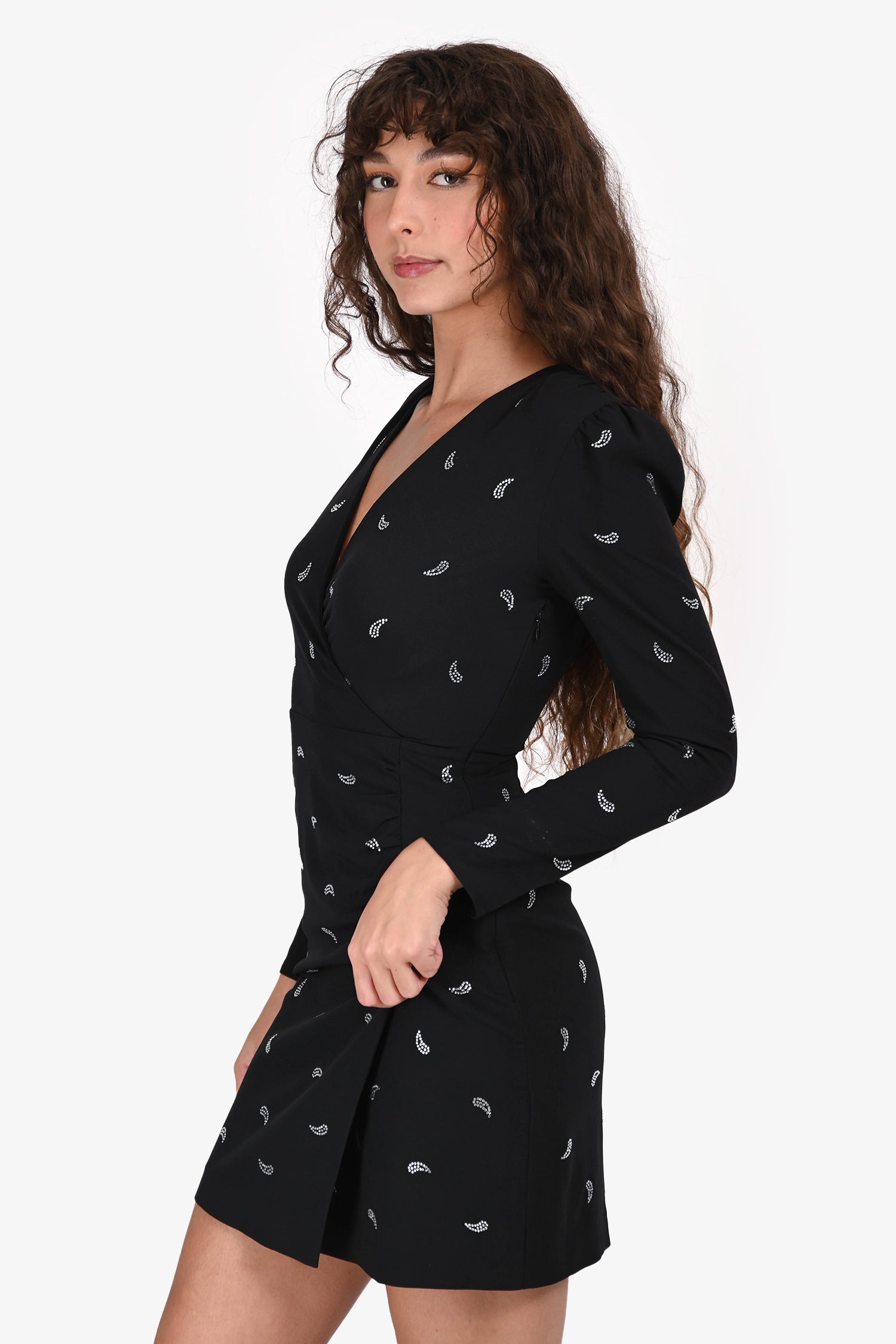 Maje Black Chiffron Crystal Printed Mini Dress Size 36