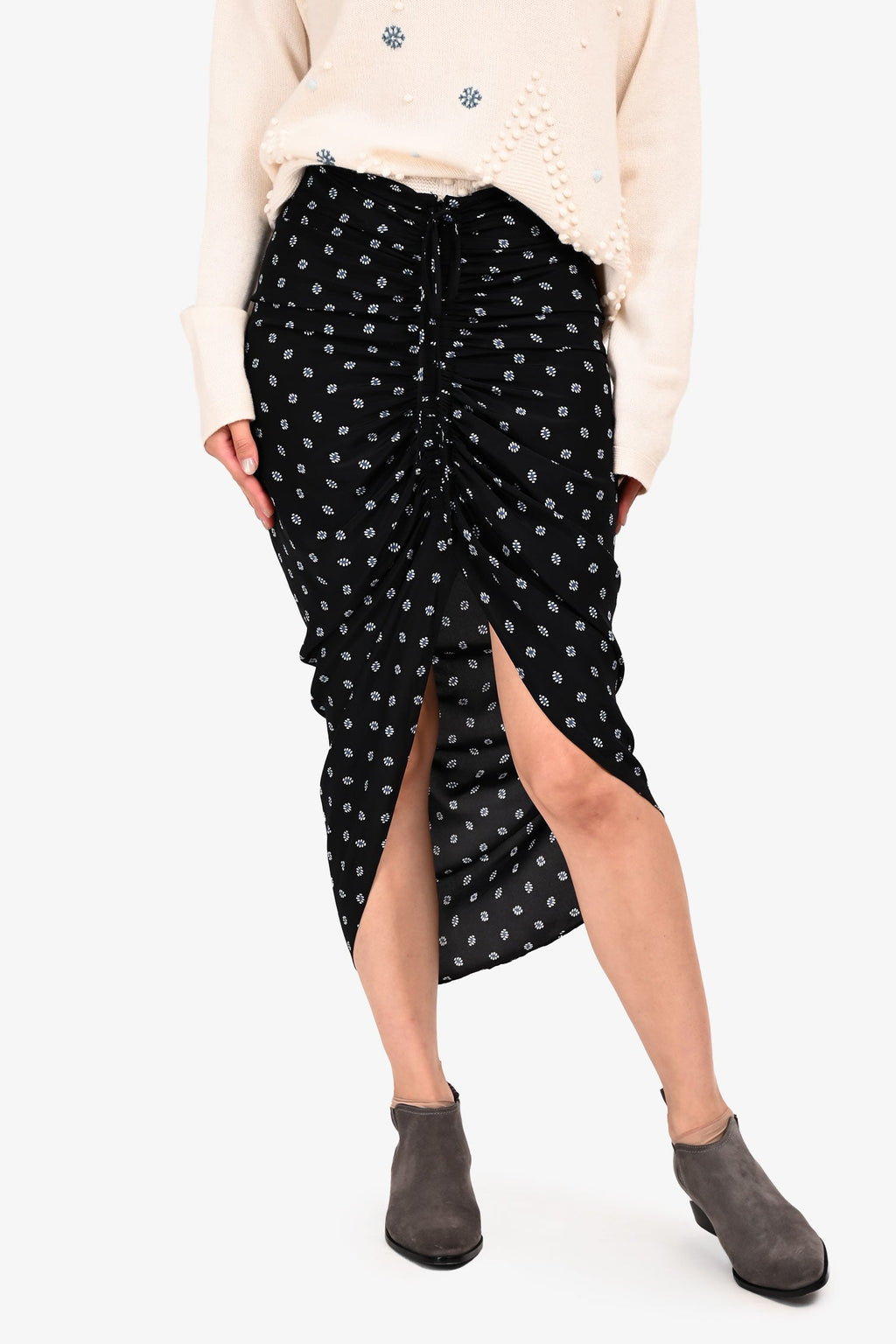 Veronica Beard Black/Blue Silk Patterned Ruched Side Midi Skirt Size 4