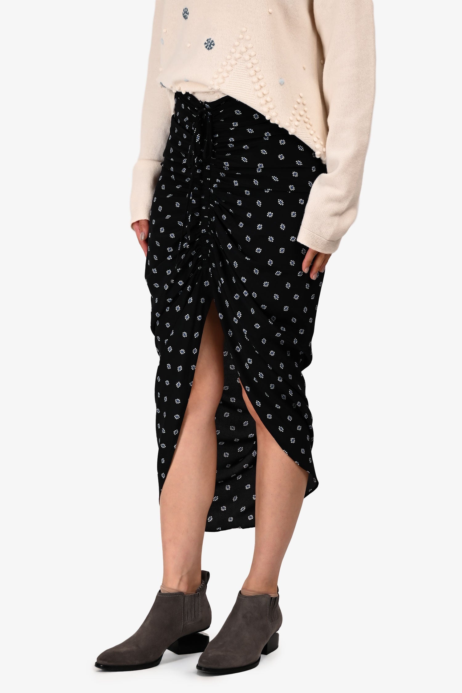Veronica Beard Black/Blue Silk Patterned Ruched Side Midi Skirt Size 4