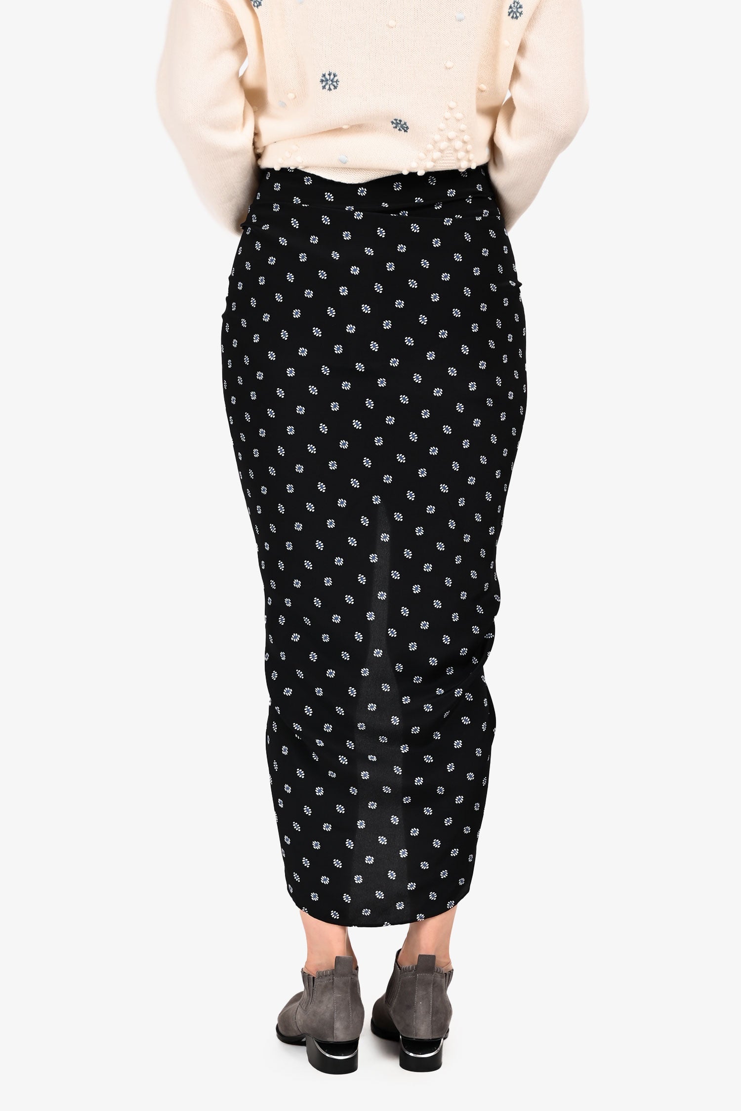 Veronica Beard Black/Blue Silk Patterned Ruched Side Midi Skirt Size 4