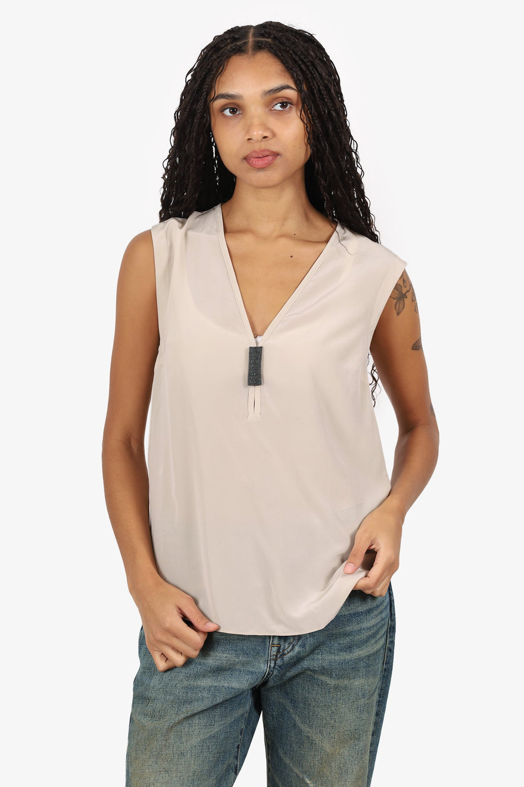 Brunello Cucinelli Beige Silk Beaded Sleeveless Top Size S
