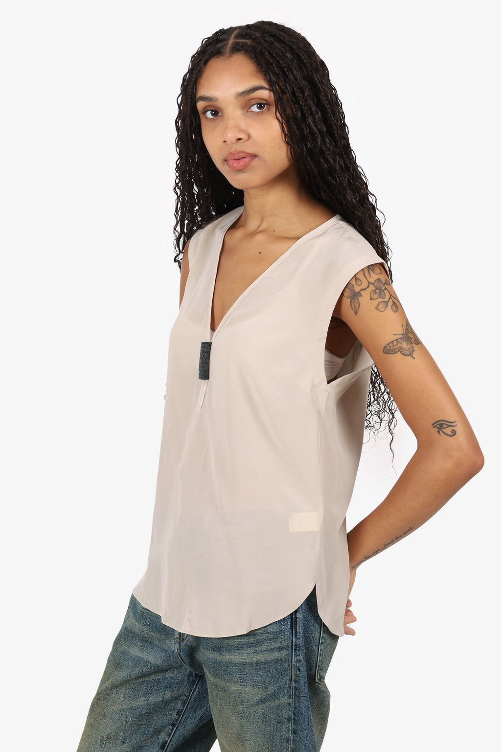 Brunello Cucinelli Beige Silk Beaded Sleeveless Top Size S