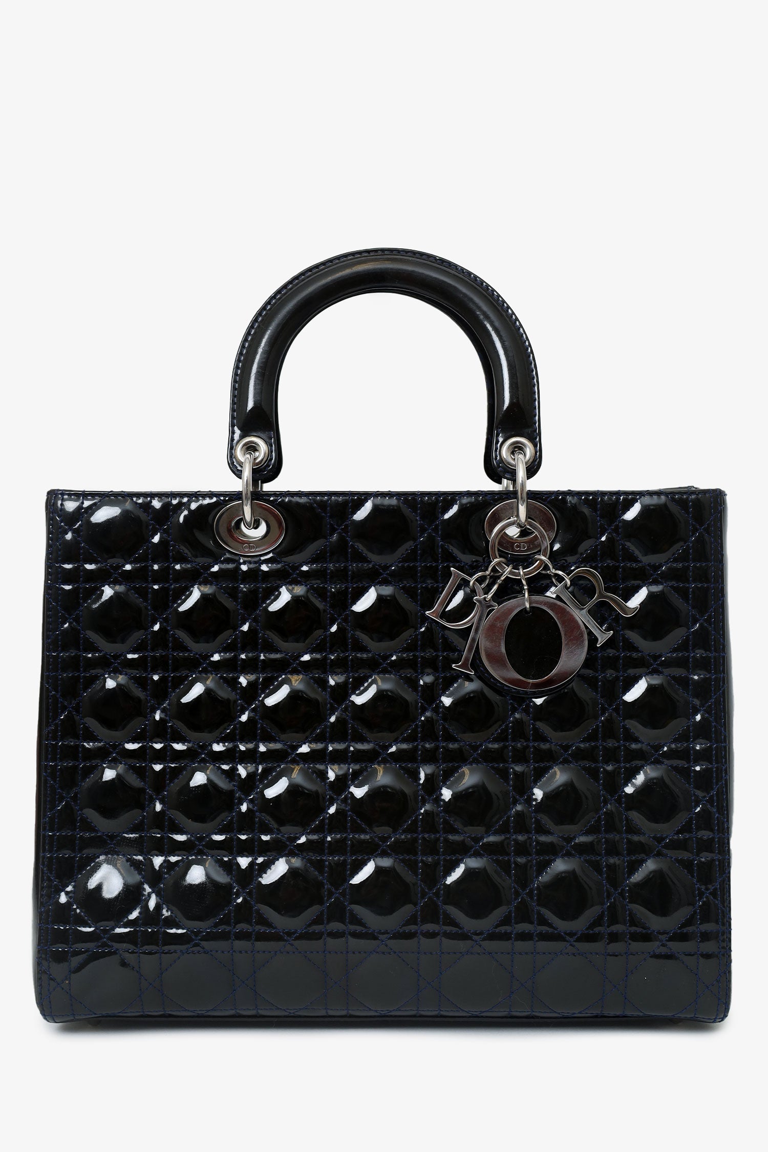 Christian Dior 2009 Black Patent Large Lady Dior Top Handle With Strap