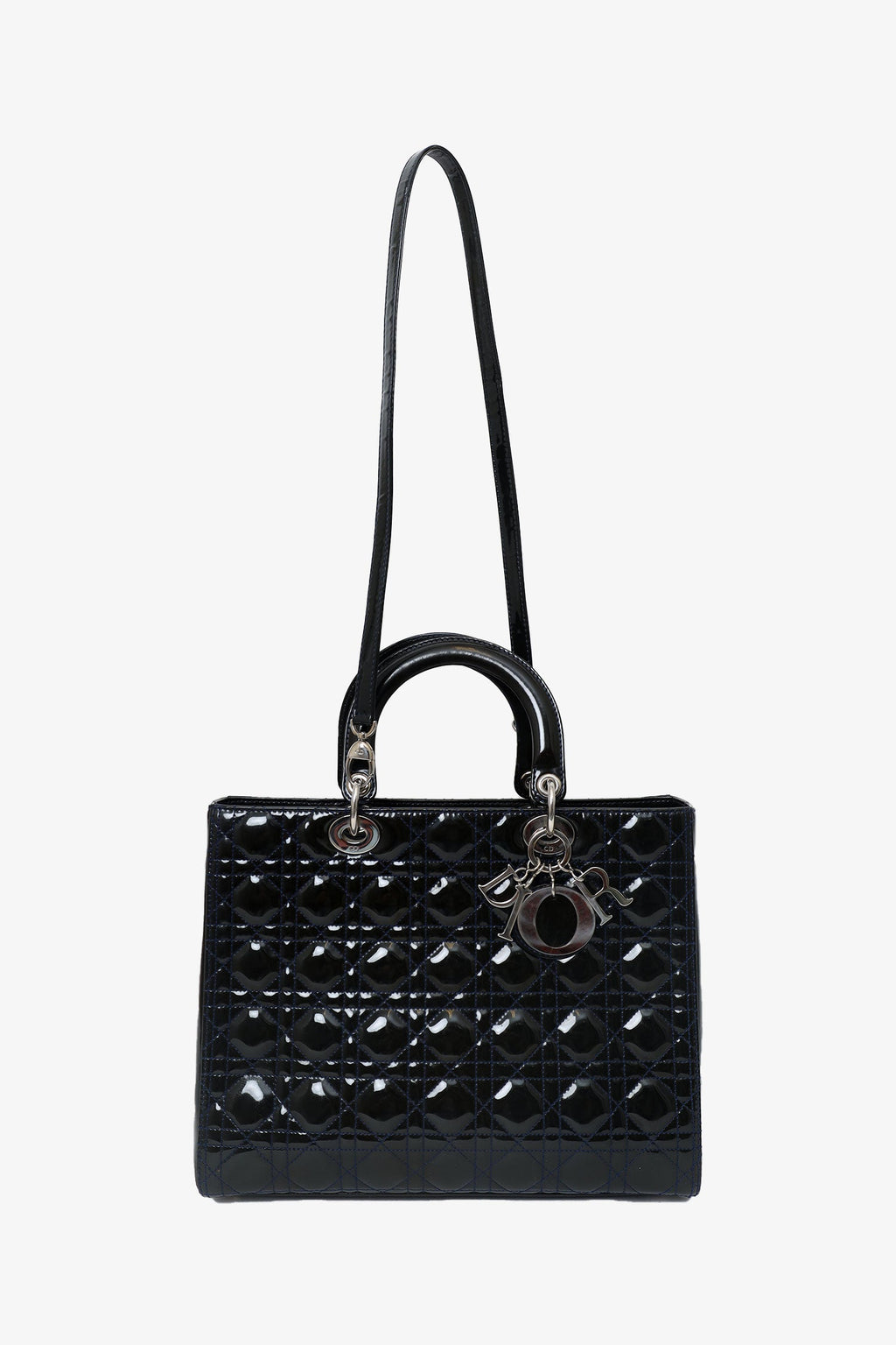 Christian Dior 2009 Black Patent Large Lady Dior Top Handle With Strap