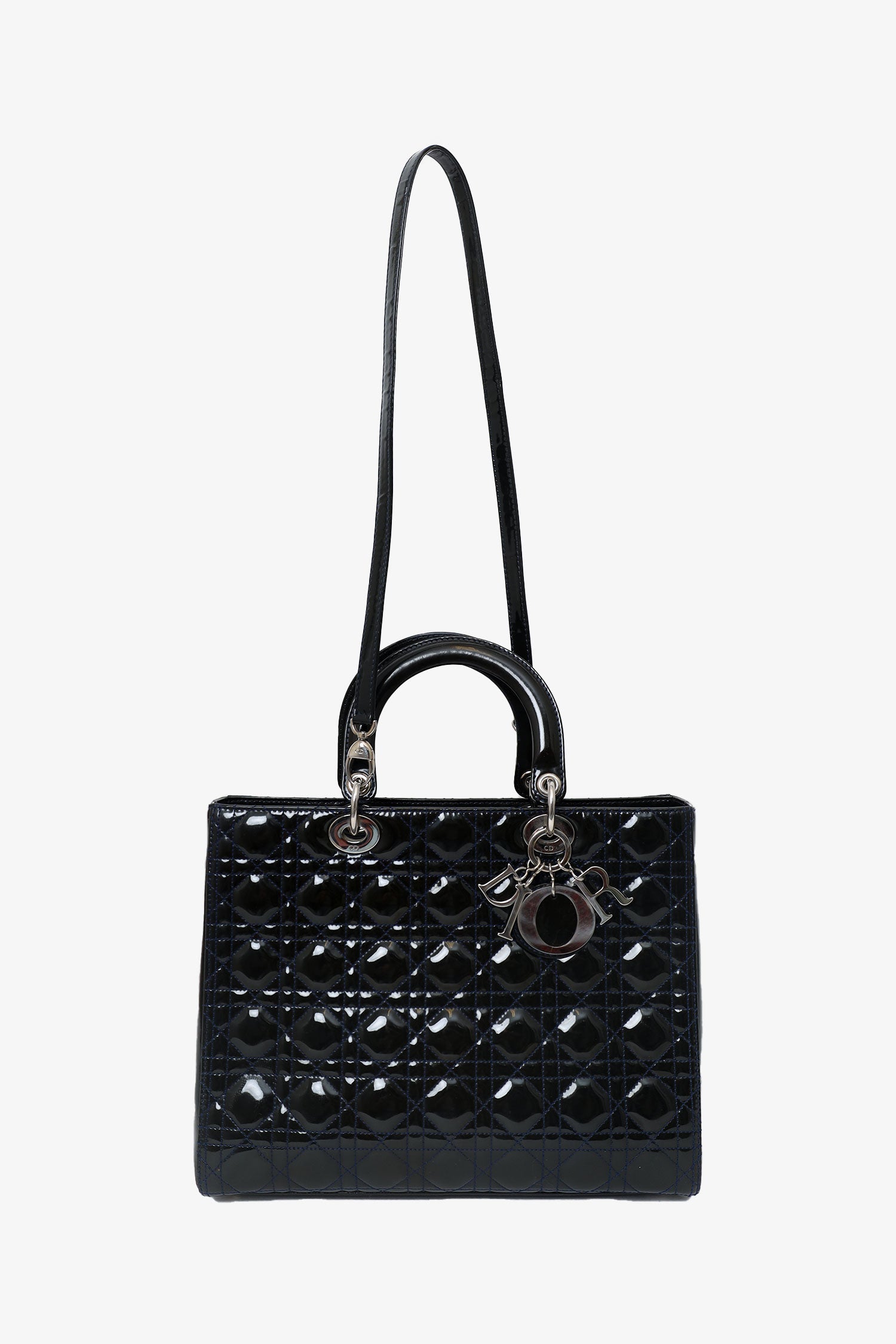 Christian Dior 2009 Black Patent Large Lady Dior Top Handle With Strap