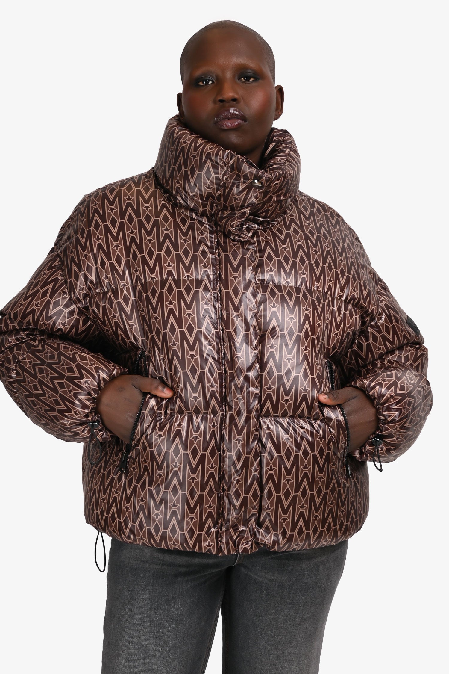 Mackage Brown 'Mylah' Monogram Down Cropped Puffer Jacket Size XL