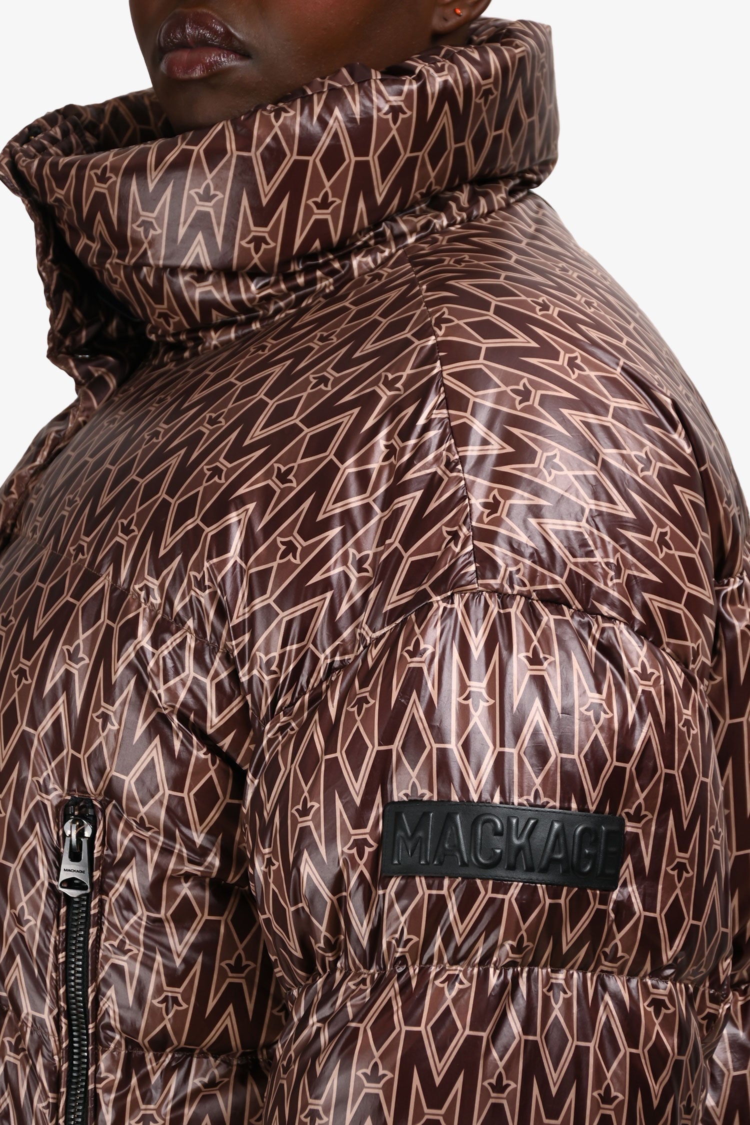 Mackage Brown 'Mylah' Monogram Down Cropped Puffer Jacket Size XL