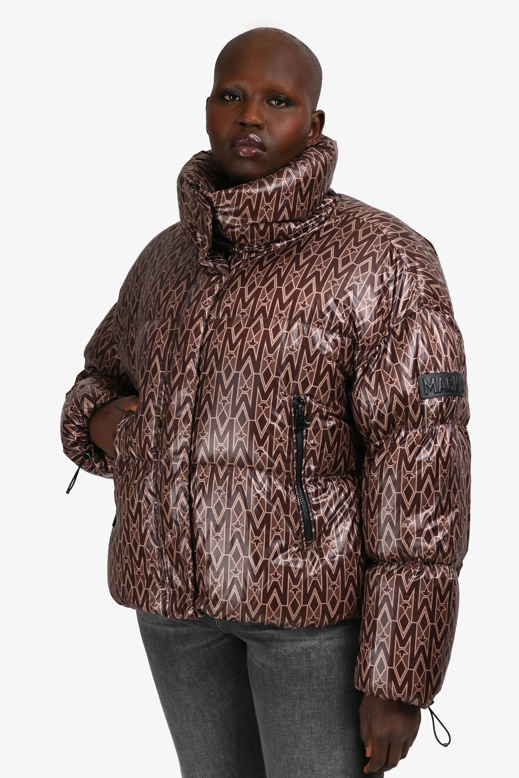 Mackage Brown 'Mylah' Monogram Down Cropped Puffer Jacket Size XL