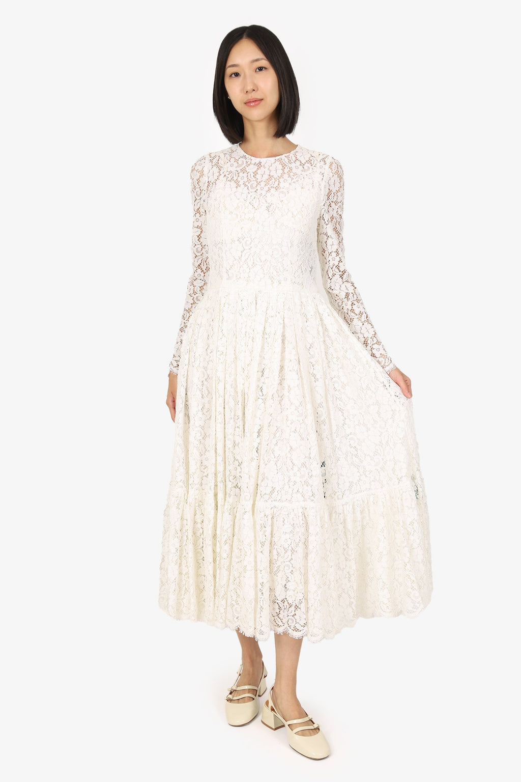 Dolce & Gabbana White Lace Flared Maxi Dress Size 44