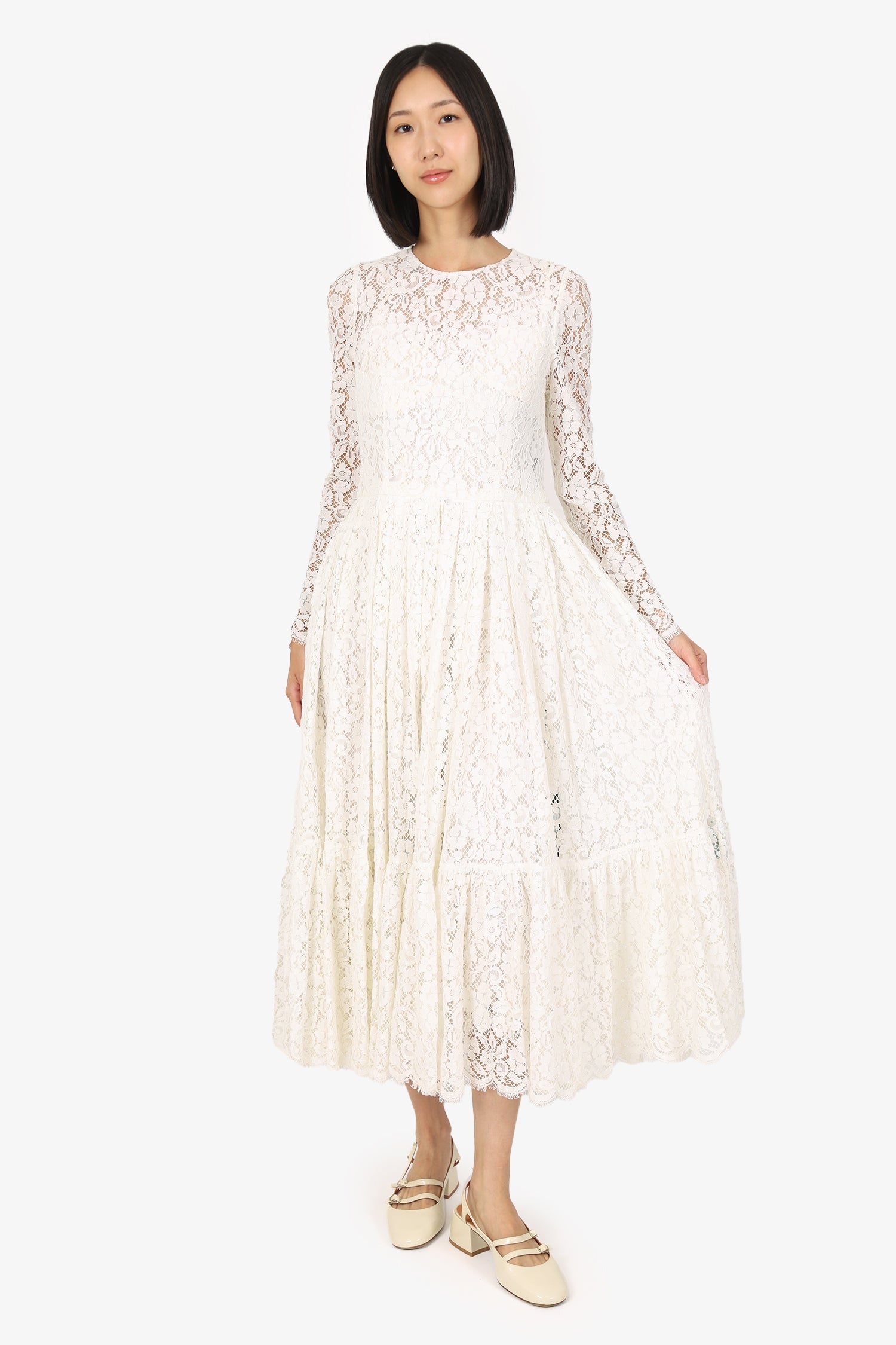 Dolce & Gabbana White Lace Flared Maxi Dress Size 44