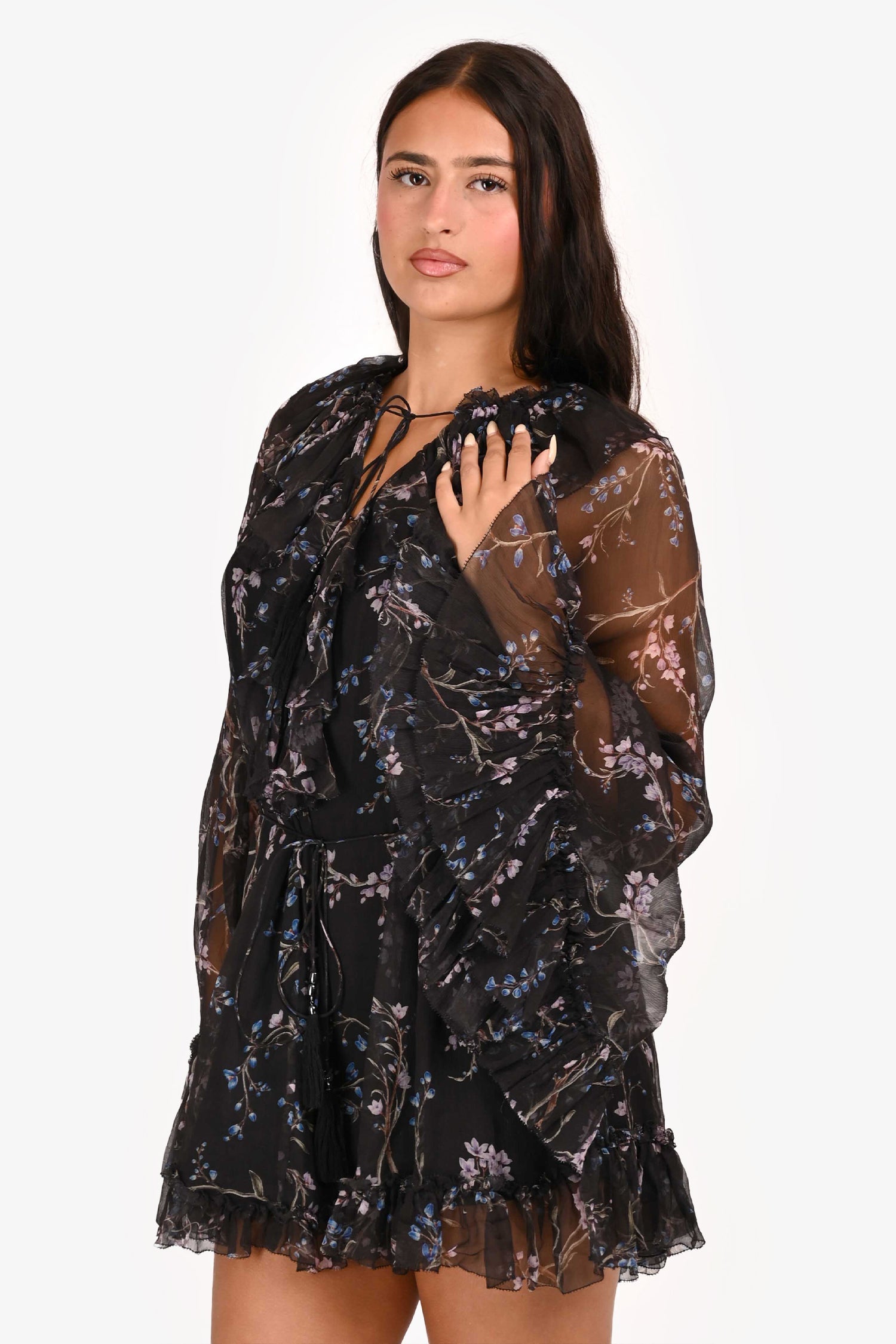 Zimmermann Black/Pink Silk Floral Belted Mini Dress Size 3