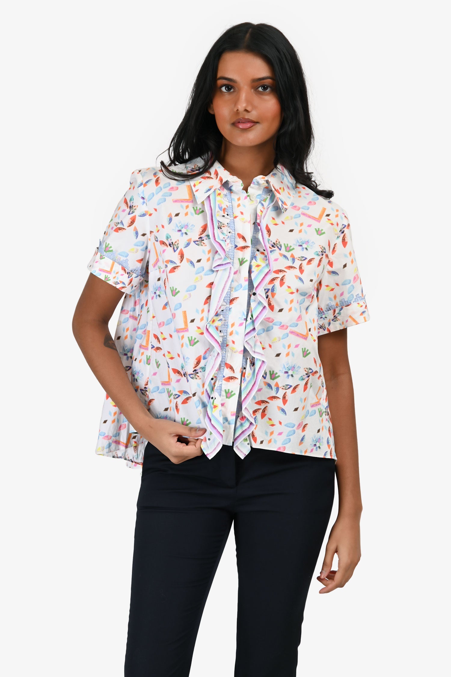 Peter Pilotto White Multicolour Print Ruffled Short Sleeves Button Down Size 4