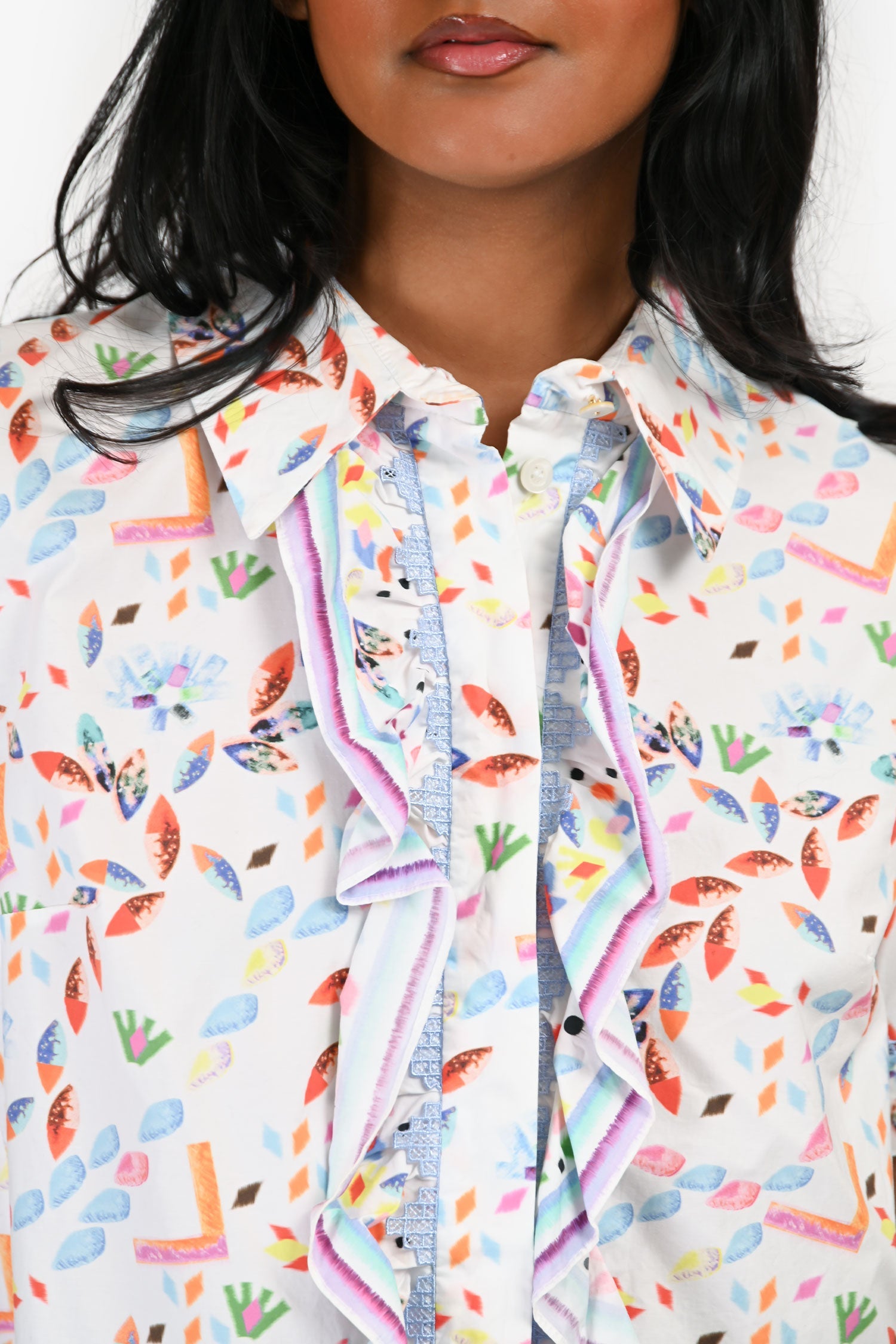 Peter Pilotto White Multicolour Print Ruffled Short Sleeves Button Down Size 4