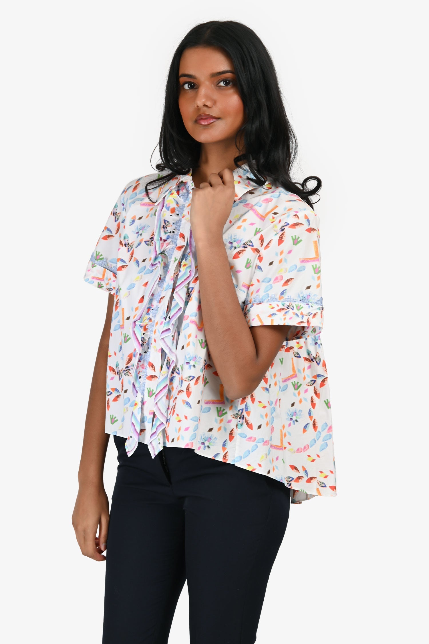 Peter Pilotto White Multicolour Print Ruffled Short Sleeves Button Down Size 4