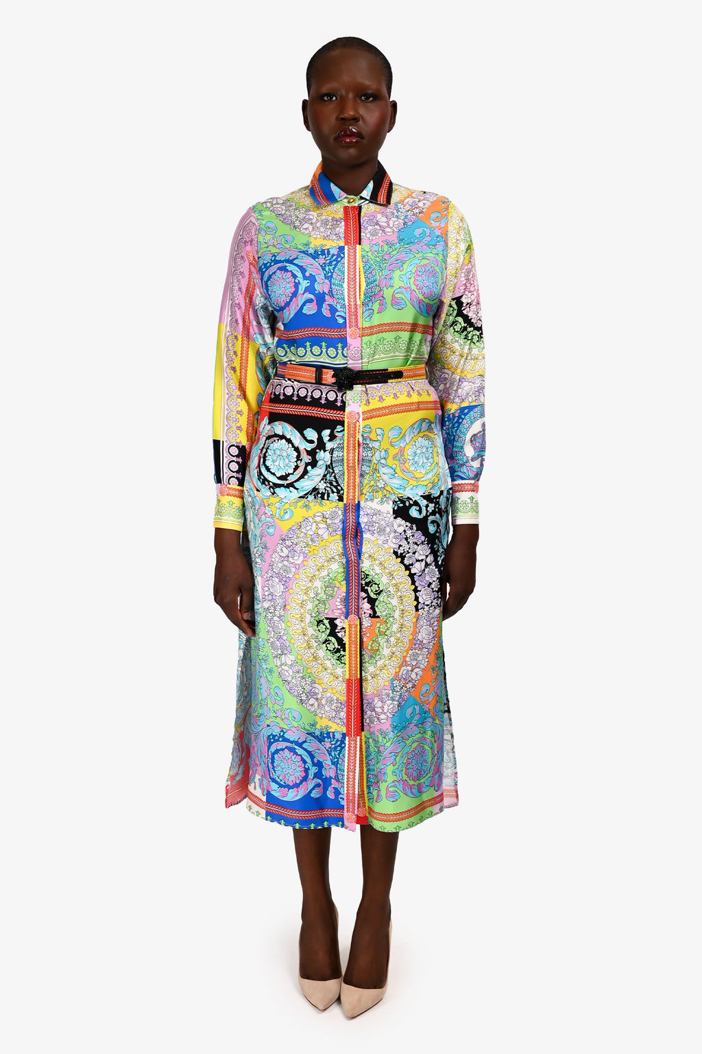 Versace Multicolour Silk Graphic Print Shirt Midi Dress With Belt Size 40