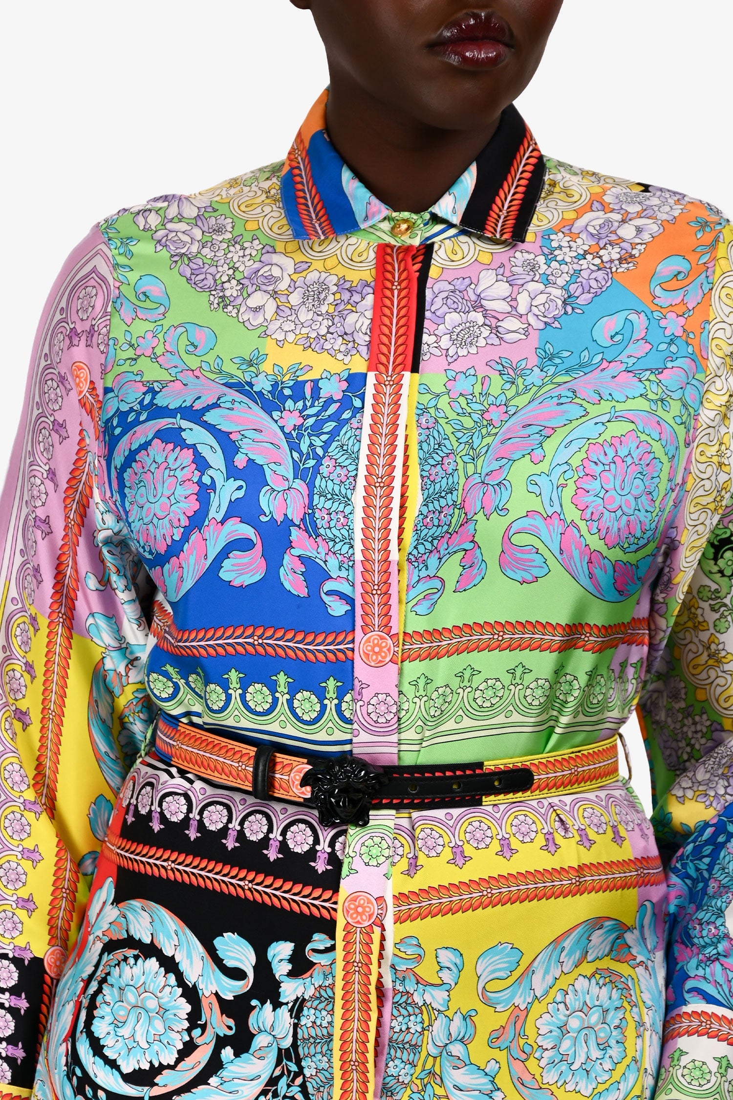 Versace Multicolour Silk Graphic Print Shirt Midi Dress With Belt Size 40